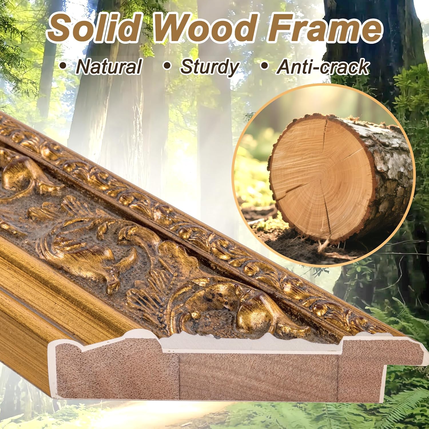 Chende Octagonal Gold Mirror for Wall Decor, 41" L x 29" W Decorative Wall Mirror with Floral Wood Frame, Horizontal/Vertical Hanging, Living Room, Bathroom, Dining Room, Entryway Decor - Image 3