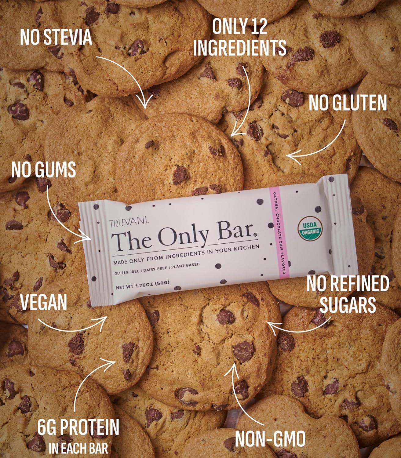 Truvani Plant Based Snack Bars | Oatmeal Chocolate Chip 12 Pack | 6g Protein | USDA Organic and Vegan | The Only Bar | Dairy, Soy, and Gluten Free | Individually Wrapped