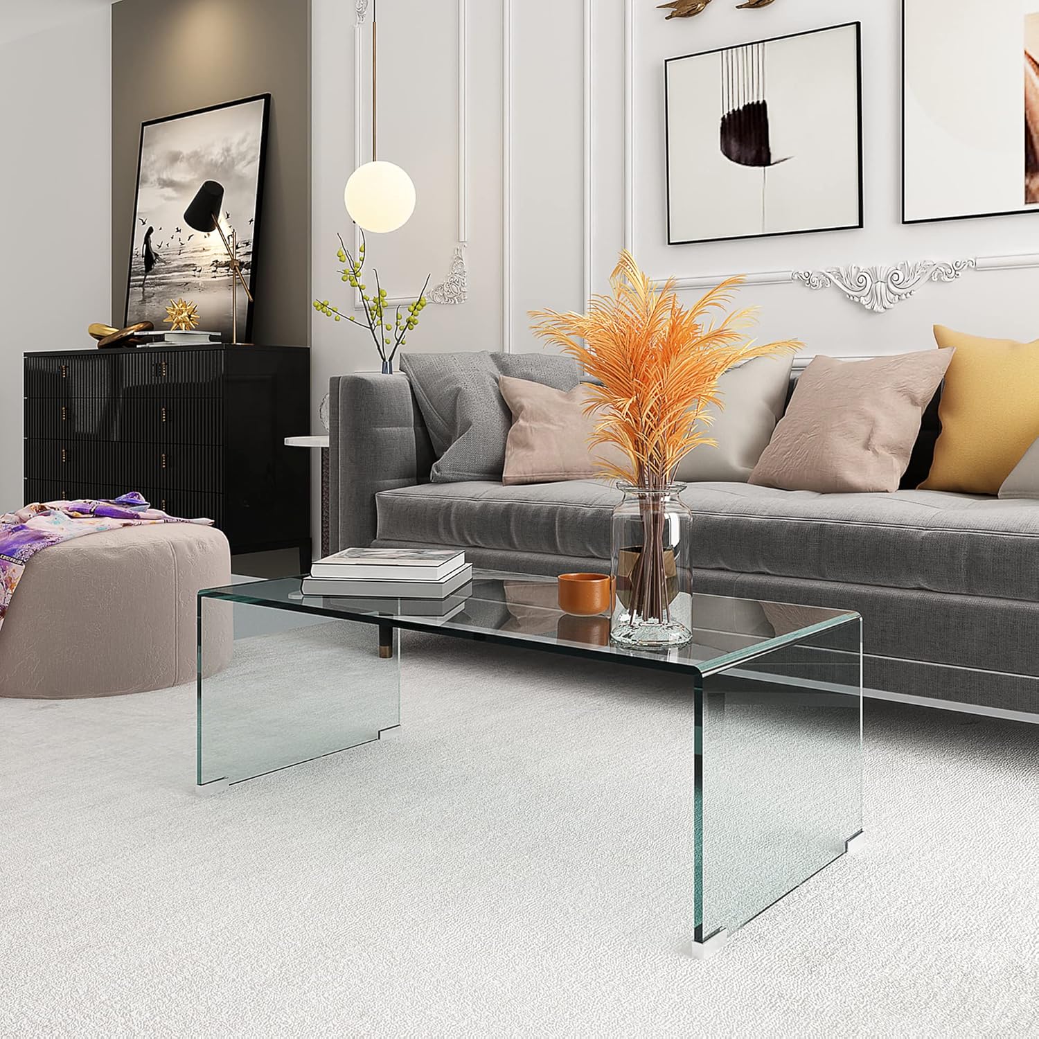 39.4'' Tempered Glass Coffee Table, Modern Rectangle Pure Clear Coffee Tables for Living Room, Glass Coffee Table with 0.47'' Thick Glass, Clear Tables for Home, Office, Apartment