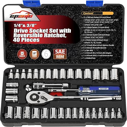 EPAuto 40 Pieces 1/4-Inch & 3/8-Inch Drive Socket Set with