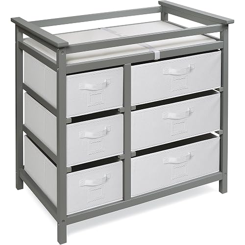 Badger Basket Modern Baby Changing Table - Diaper Station Organizer with 6 Storage Drawers, Reversible Baskets, Safety Rails - Baby Nursery Furniture with Changing Pad and Belt - Gray