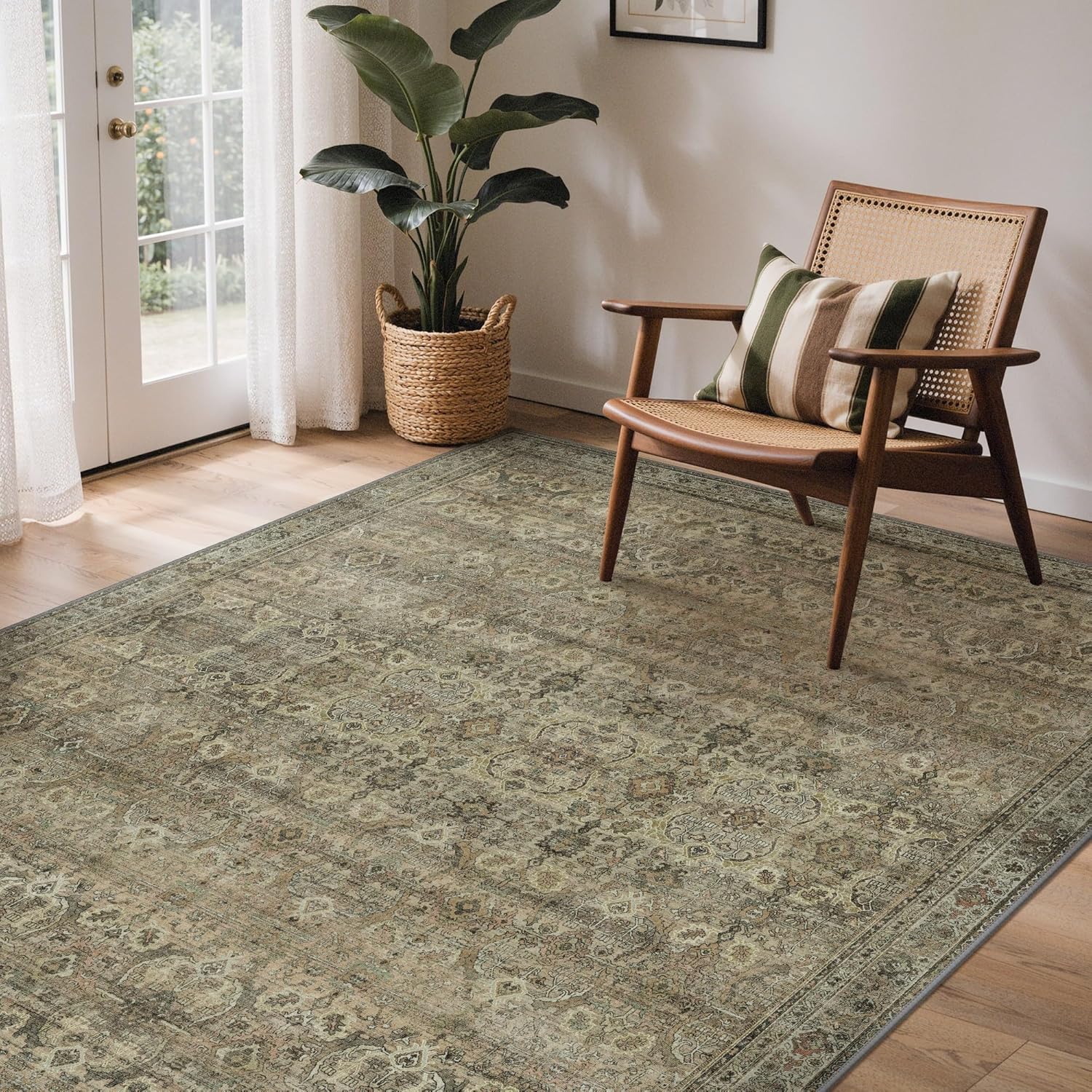 GENIMO 9x12 Area Rugs for Living Room, Machine Washable Non Slip Vintage Rugs, Low Pile Lightweight Chenille Print Rug for Bedroom, Dining Room, Home Office, Green Khaki
