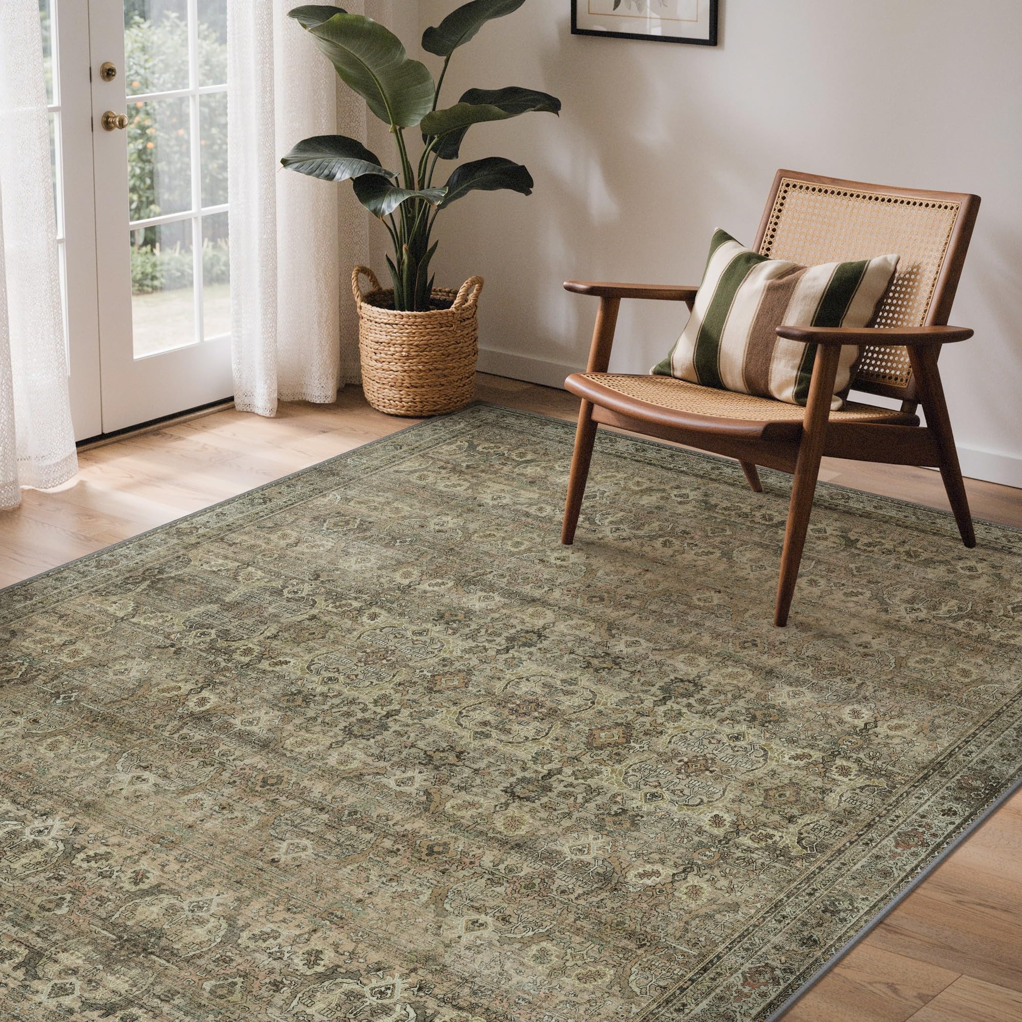 Photo 1 of ** USED ** GENIMO 9x12 Area Rugs for Living Room, Machine Washable Non Slip Vintage Rugs, Low Pile Lightweight Chenille Print Rug for Bedroom, Dining Room, Home Office, Green Khaki