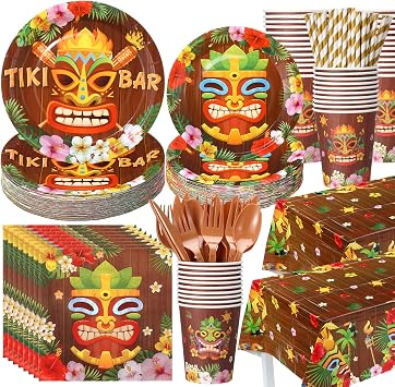 Funnymoom 452 Pcs Hawaiian Tiki Party Decorations Include Tiki Paper Plates Napkins Cups Tablecloth Cutlery Straws Hawaii Luau Party Supplies for Tropical Birthday Party Decorations