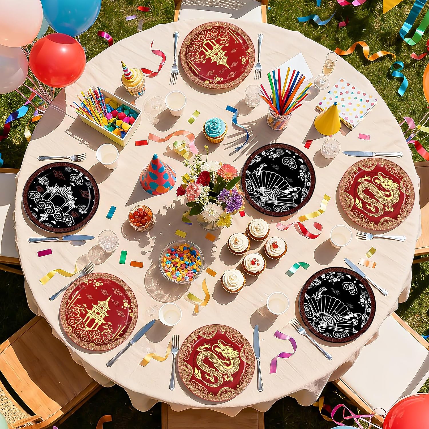 60Pcs Hibachi Party Decorations 9" Heavy Duty Chinese Japanese Party Paper Plates Disposable Asian Themed Dessert Plates for Birthday New Year Asian Spring Festival Baby Shower Supplies - Image 3