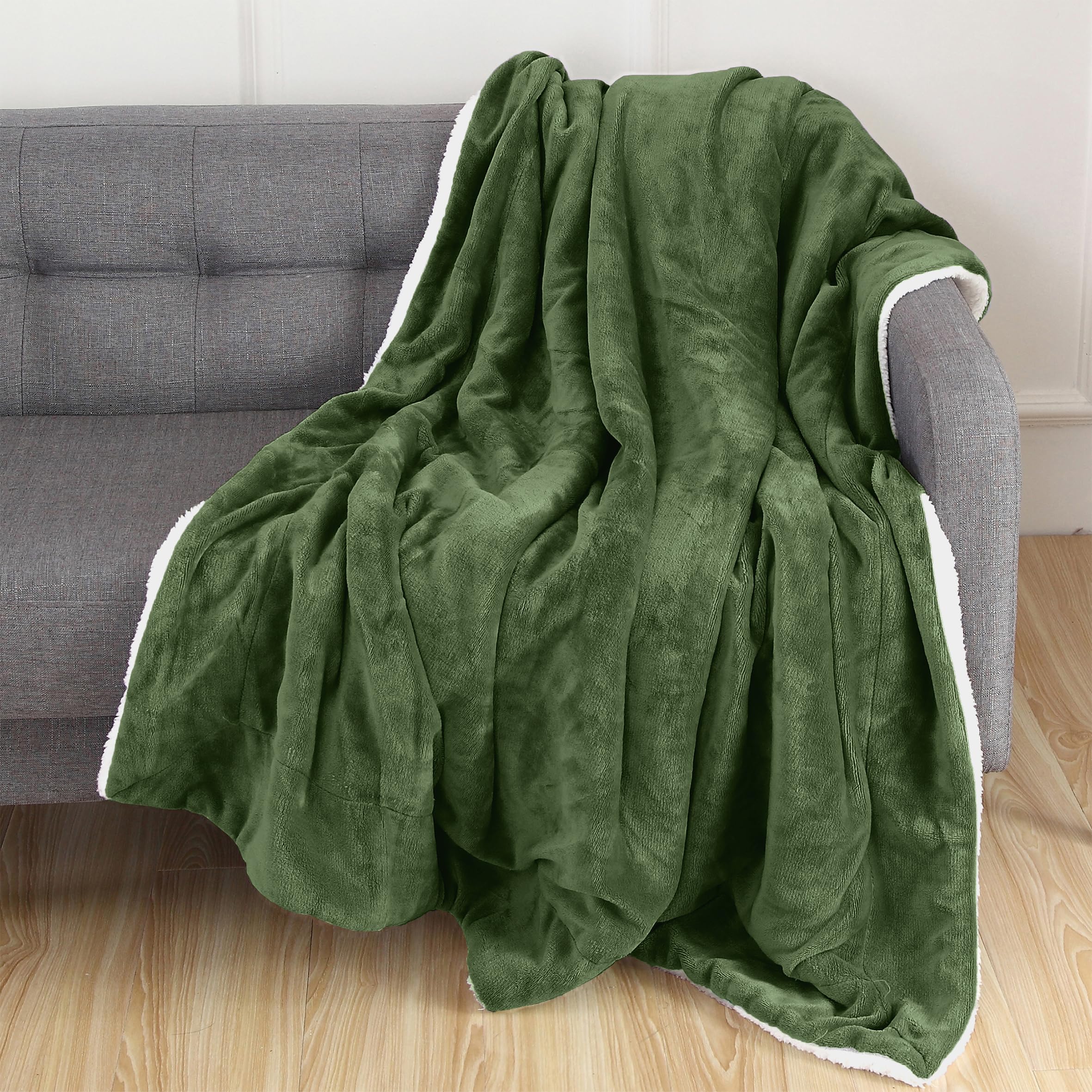 Elegant ComfortLuxury Ultra-Plush Velvet Touch Fleece Throw Soft, Warm, Cozy| Micromink Sherpa-Backing Reversible Blanket for Bed, Sofa and Couch, Solid Sage