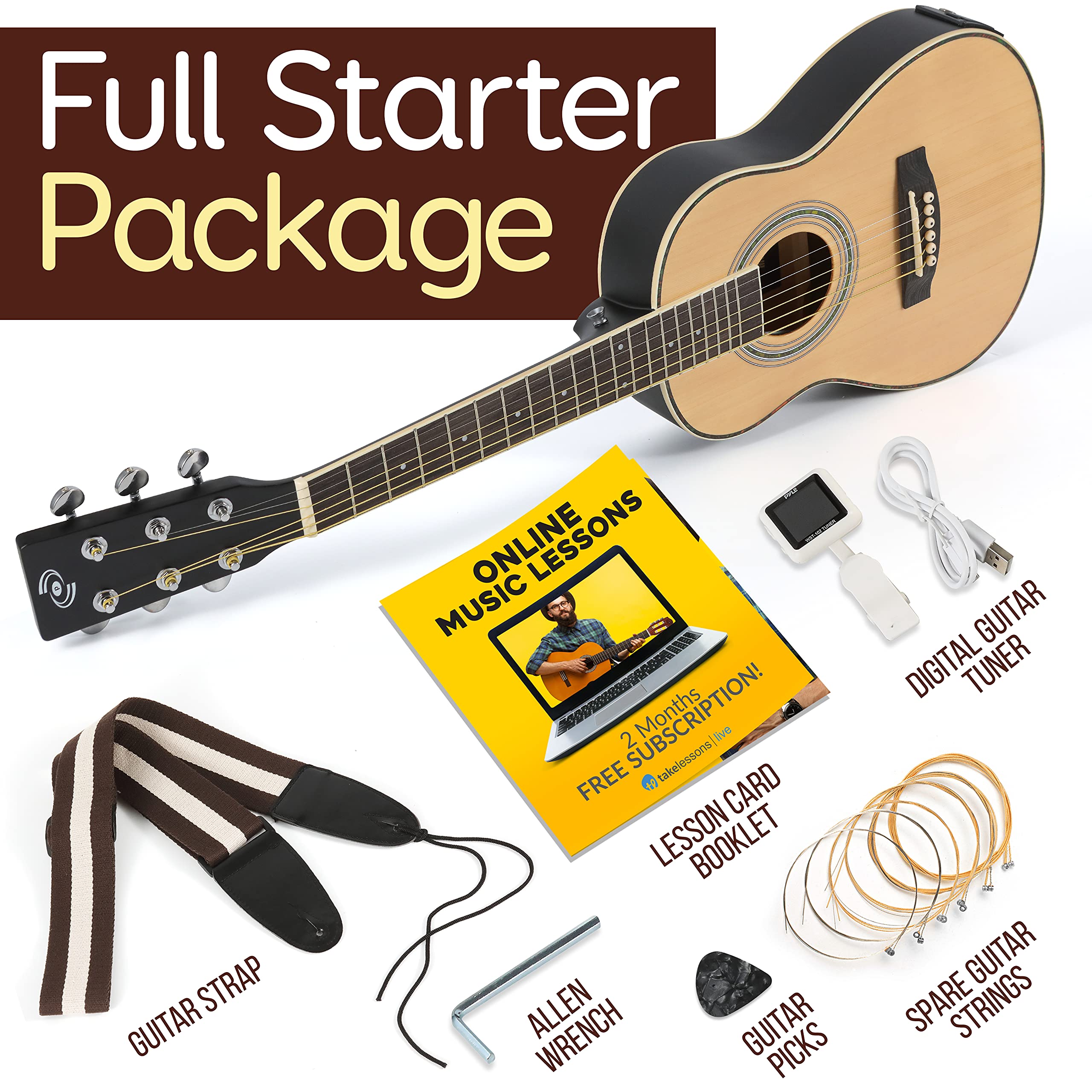 Pyle Kit chitarra elettrica acustica, scala 1/4, in legno di abete rosso, strumento a corda con custodia, 76,2 cm