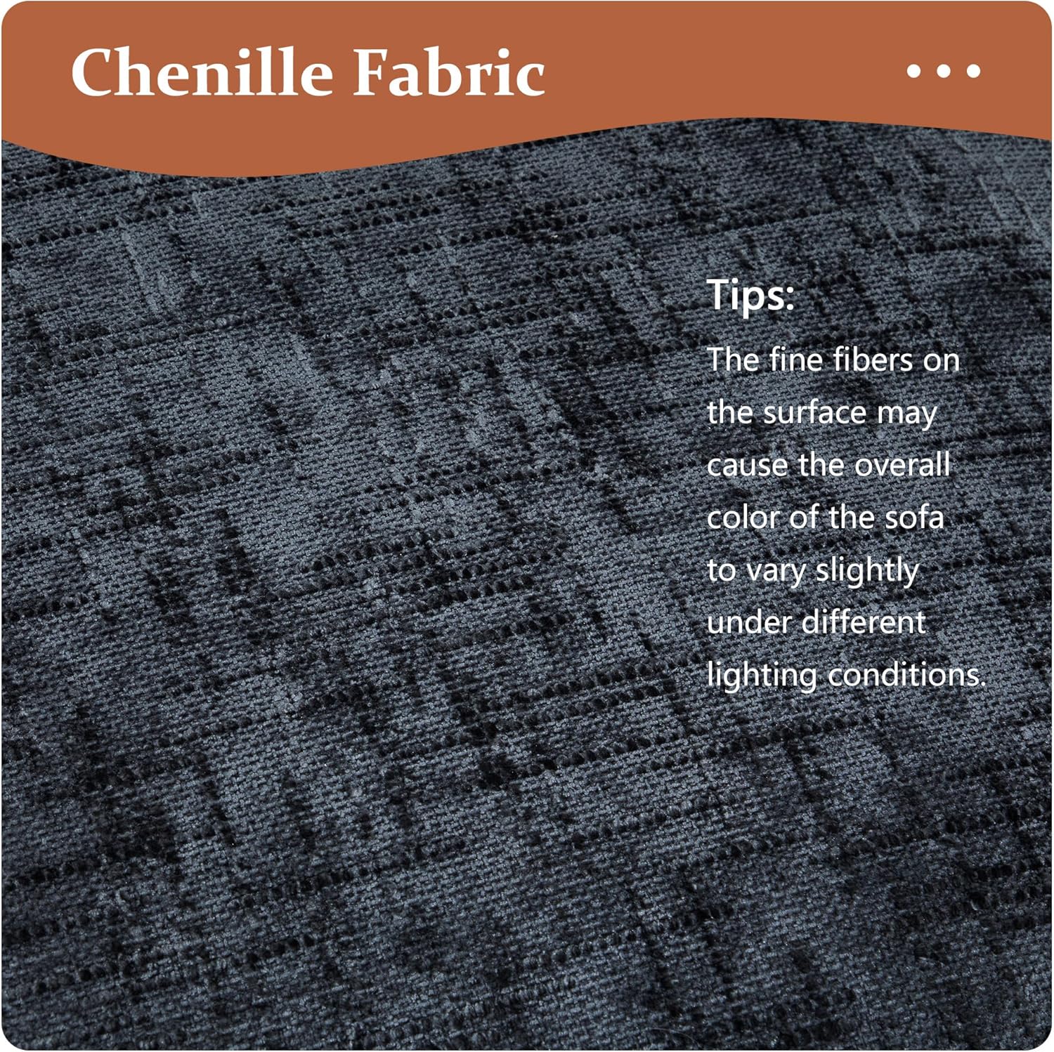 Close-up of the chenille fabric with a note about color variation under different lighting.