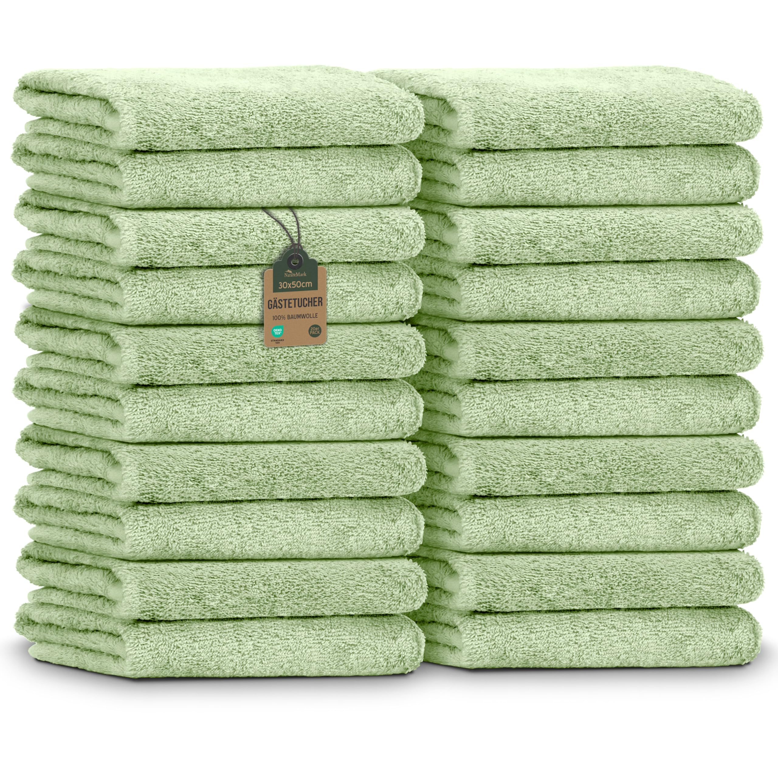 NatureMark Gästetücher – 20er Pack (30x50 cm), 100% Baumwolle, Oeko-TEX Zertifiziert, weich, saugfähig und pflegeleicht – Für Bad, Gäste & Spa - Moos Grün