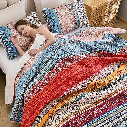 Miniatura 6 de WONGS BEDDING Juego de edredón bohemio California King, juego de edredón bohemio a rayas para todas las estaciones, juego de ropa de cama de