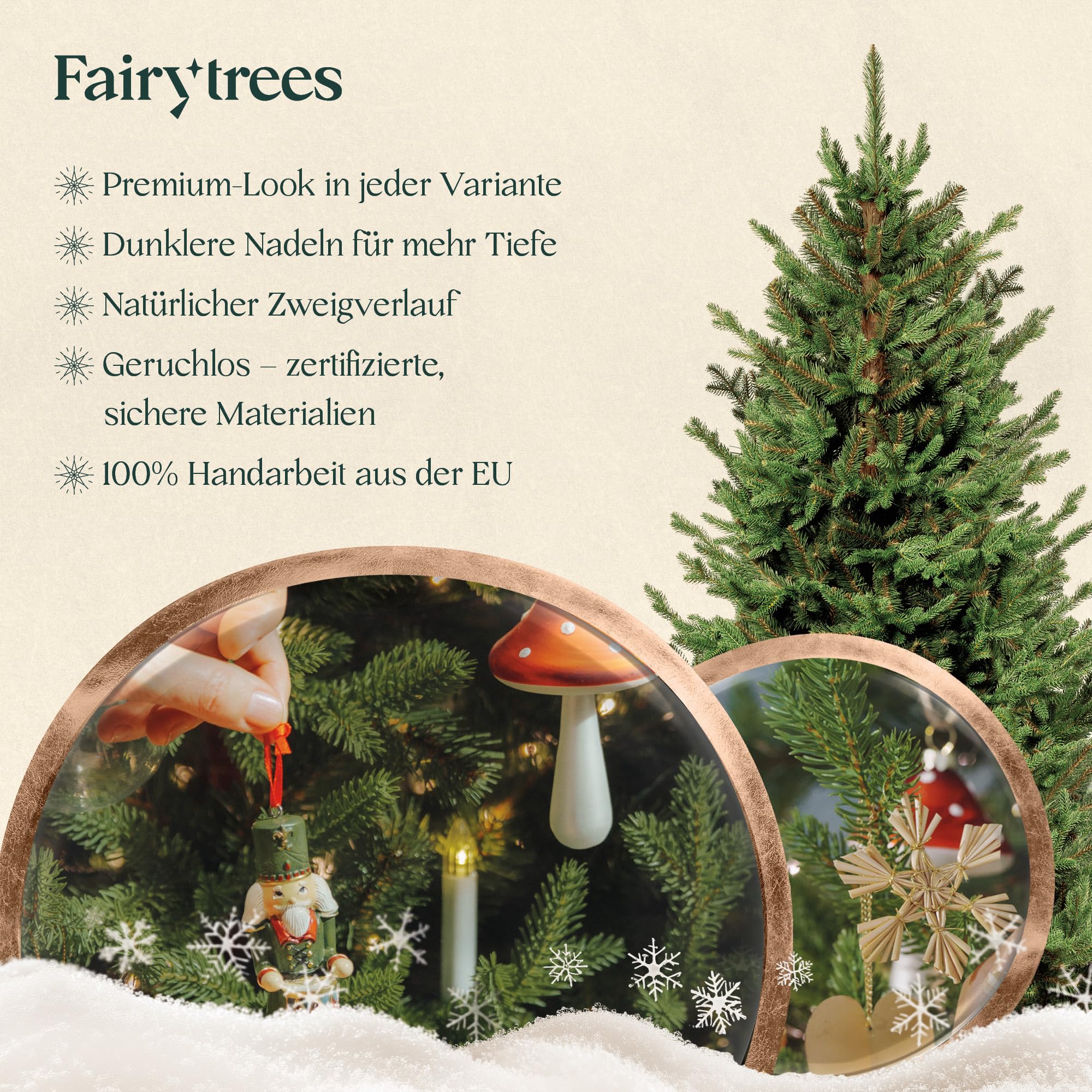 FAIRYTREES Kunstkerstboom, 150 cm, spar, natuur, met kerstboom, houten standaard, kunstdennenboom met groene stam, gemaakt in de EU