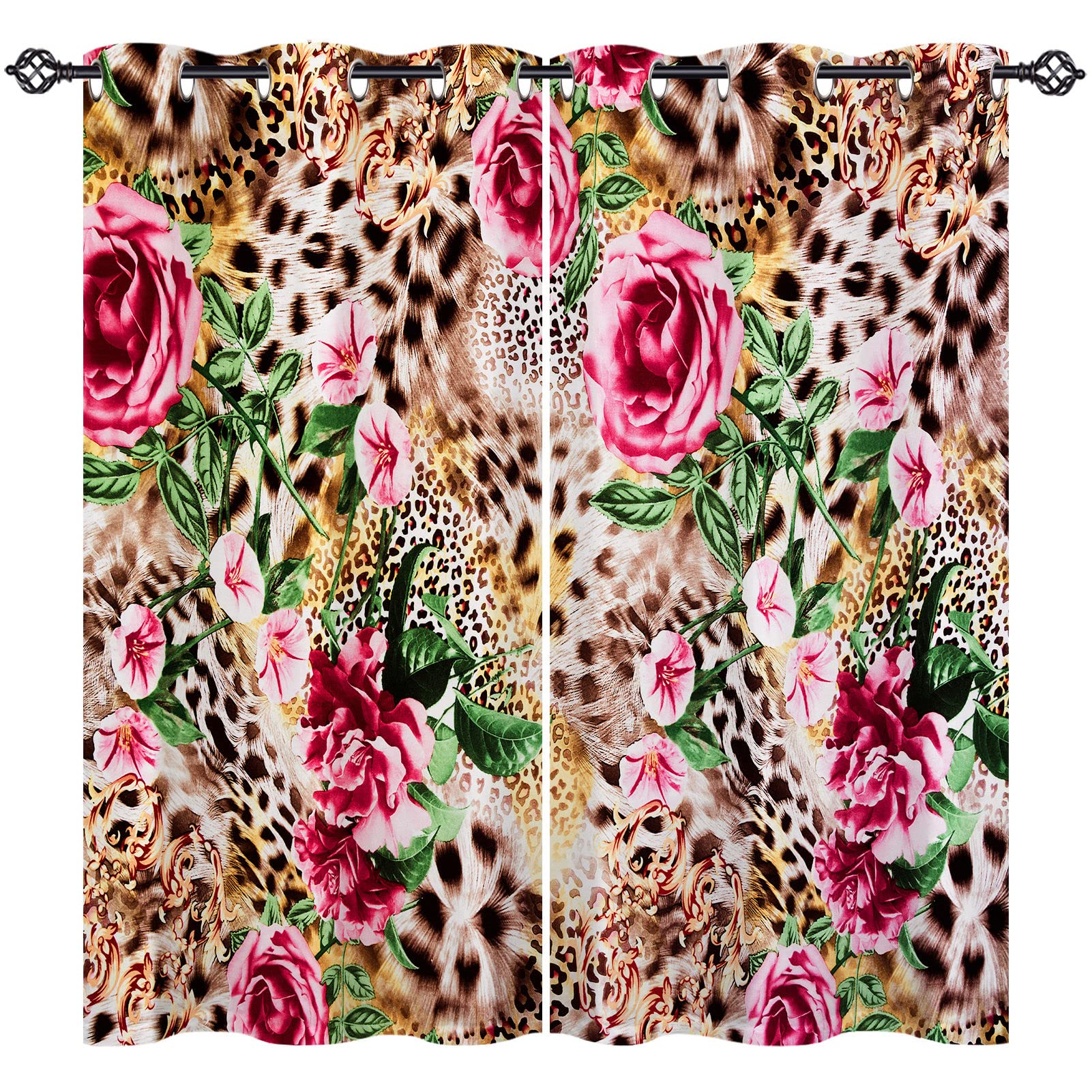 ANHOPE Leopard Curtains Eyelet 80% Blackout Curtains with Safari Animal Cheetah Striped Flower Print Pattern Thermal Soundproof Decorative Window Drapes for Bedroom Living Room 55 x 63 Inch 2 Panels — image 1