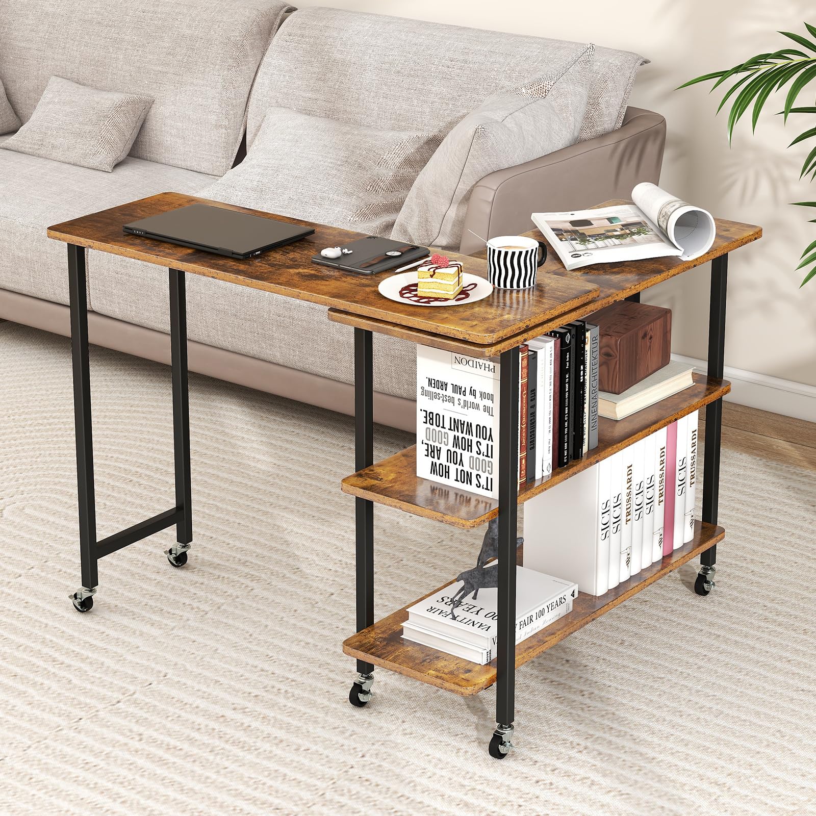 Giantex 360° Free Rotating Sofa Side Table, Mobile L-Shaped Laptop Desk with Sturdy Metal Frame, 6 Universal Casters, Movable Couch Snack Table with 2