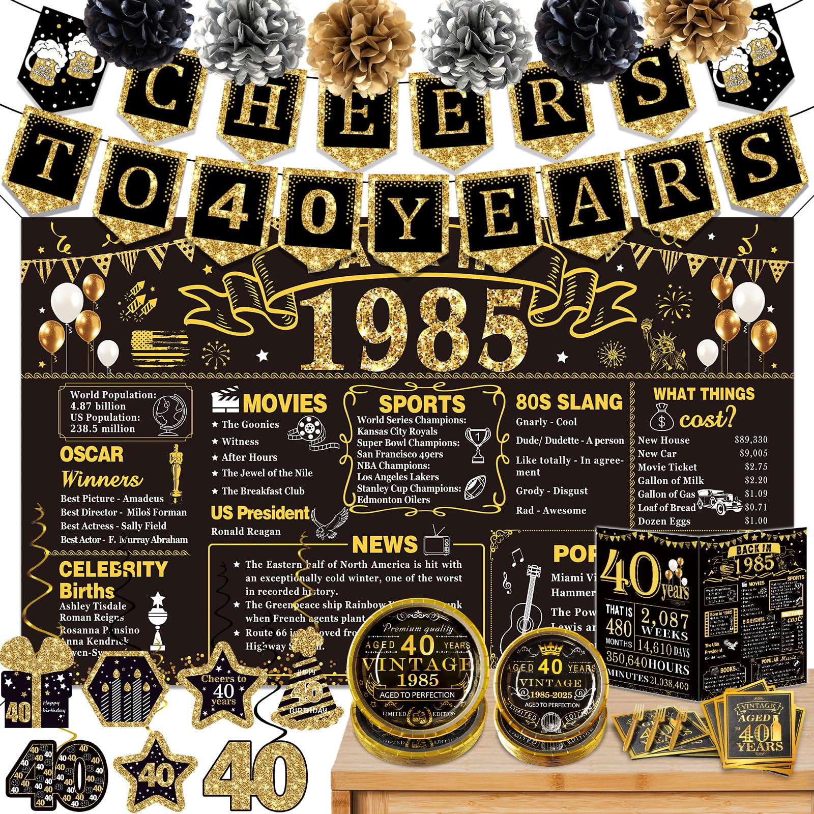 Geburtstagsbanner "40" - Party-Deko Zum 40. Geburtstag In Gold/Schwarz (180x110 Cm), Wiederverwendbar