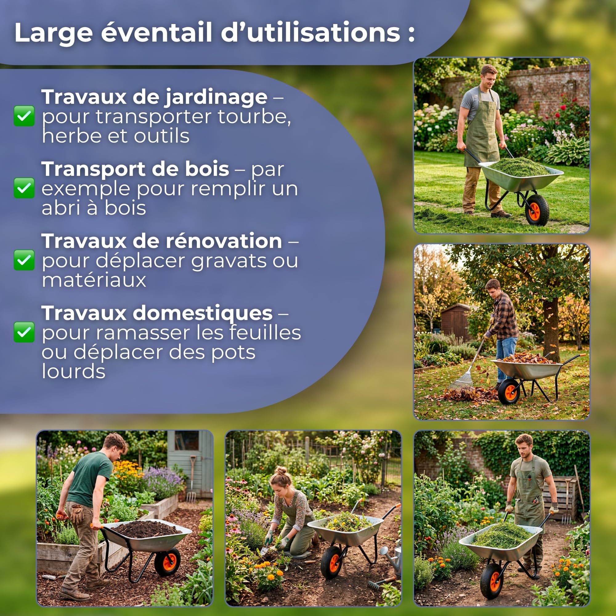 Springos Brouette de 120 L avec pneus à air et bac en acier galvanisé, capacité de charge jusqu'à 100 kg, pour jardin, construction, patio, atelier, couleur argent et orange