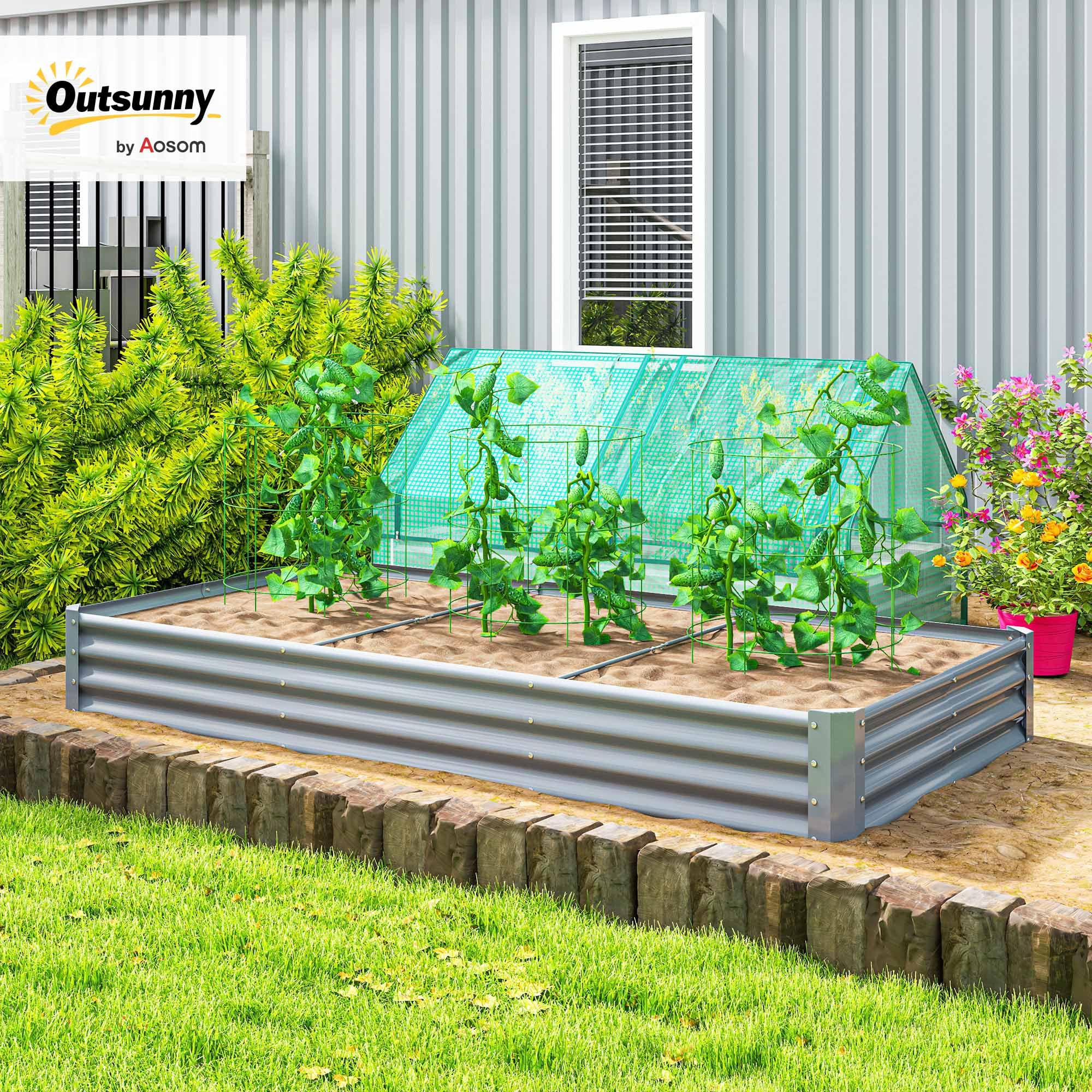 Outsunny Carré Potager rectangulaire, lit de Jardin surélevé en Acier galvanisé, Fond Ouvert, jardinière avec Bord Anti-Coupure Barres de Soutien, 240 x 120 x 30 cm, Gris argenté