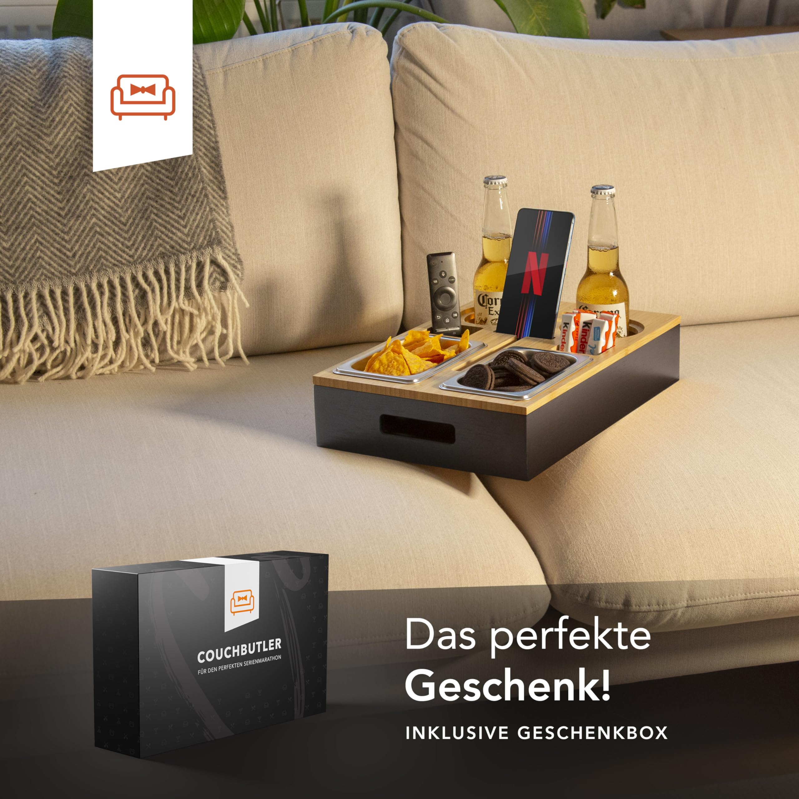 Couchbar Snackbox Personalisierbar aus Bambus inkl. Geschenkbox | Sofa Tablett mit 2 Snackschalen, 2 Getränkehalter mit Untersetzer, magnetischer Deckel, Handyhalterung (Schwarz, Ohne Gravur)