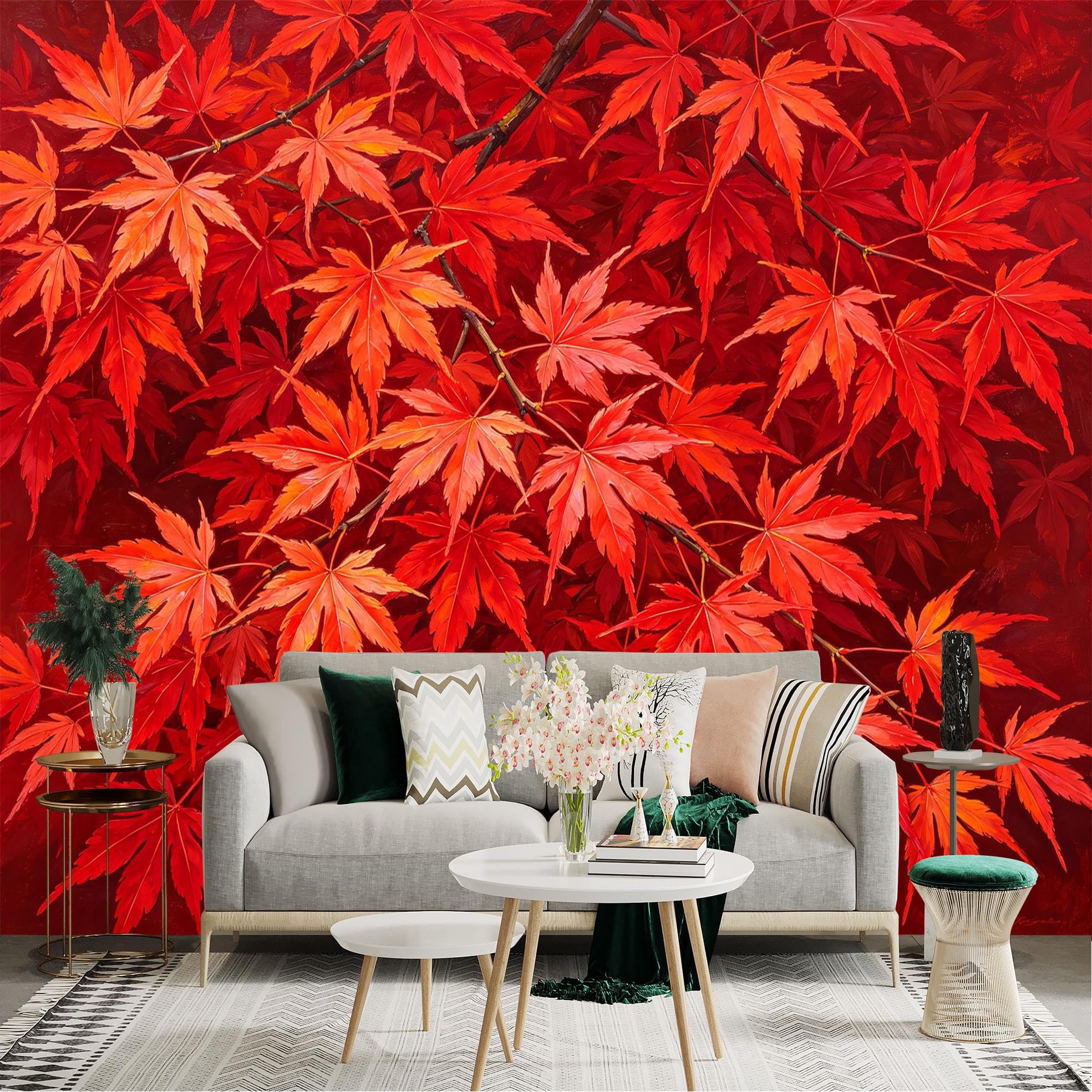 Lnzczhyre Dbh260521401 Custom Size Wall Sticker Mural， Vibrant Red Autumn Maple Leaves， Nature Plant Foliage， Seasonal Botanical Art， Forest Aesthetic， For Wall Decoration， Peelandstick Wall Decals.