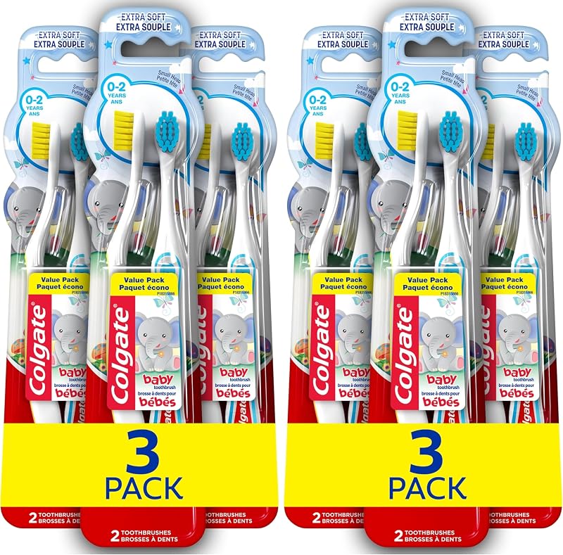 Colgate My First cepillo de dientes para bebés y niños pequeños, cepillo de dientes de entrenamiento extra suave para bebés, edades de 0 a 2 años (paquete de 12)