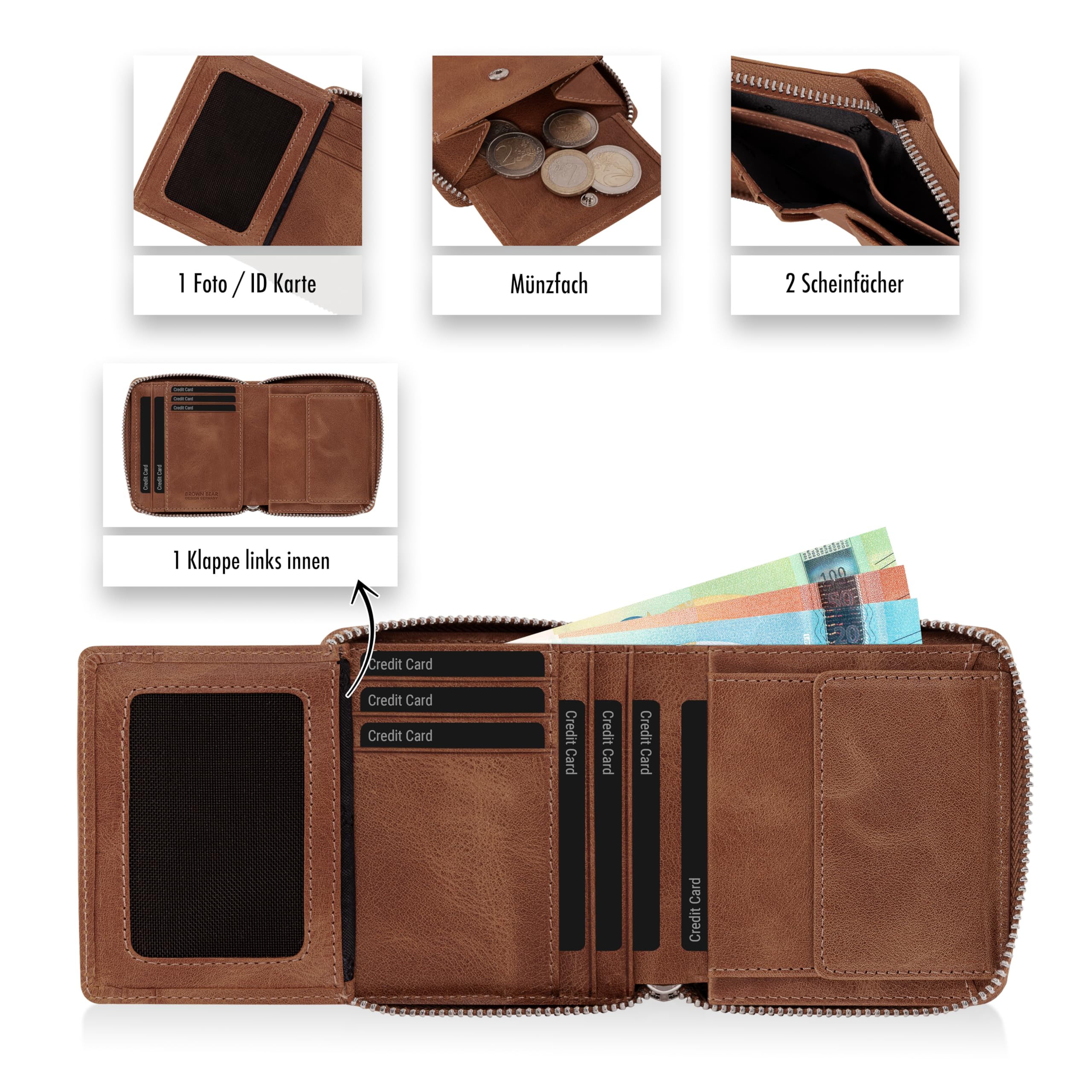 BROWN BEAR Geldbörse Leder Braun mit Reißverschluss & Münzfach - BB Pia HBR | Echtleder Whiskey Vintage Portemonnaie Unisex für Damen und Herren Geldbeutel RFID-Schutz viele Fächer kompakt