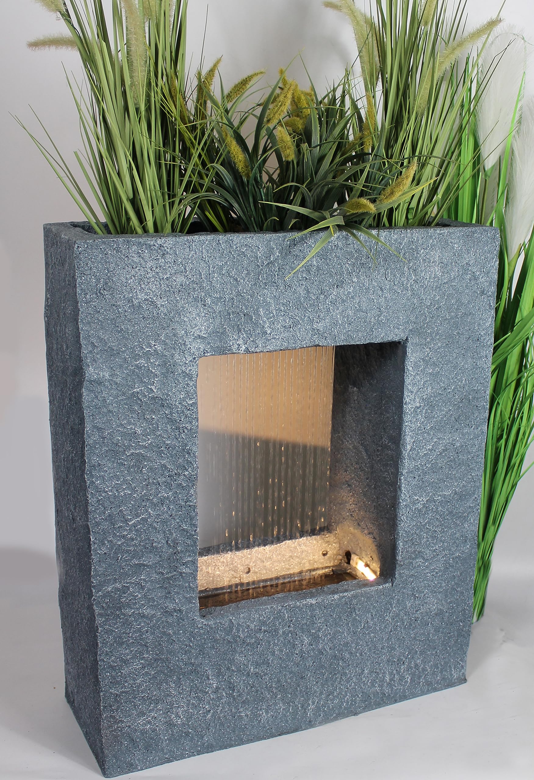 Fuente de jardín con iluminación LED 65x53 cm, fuente de habitación, fuente de piedra, cascada de agua, rectangular, blanco cálido, fuente de jardín, decoración de jardín