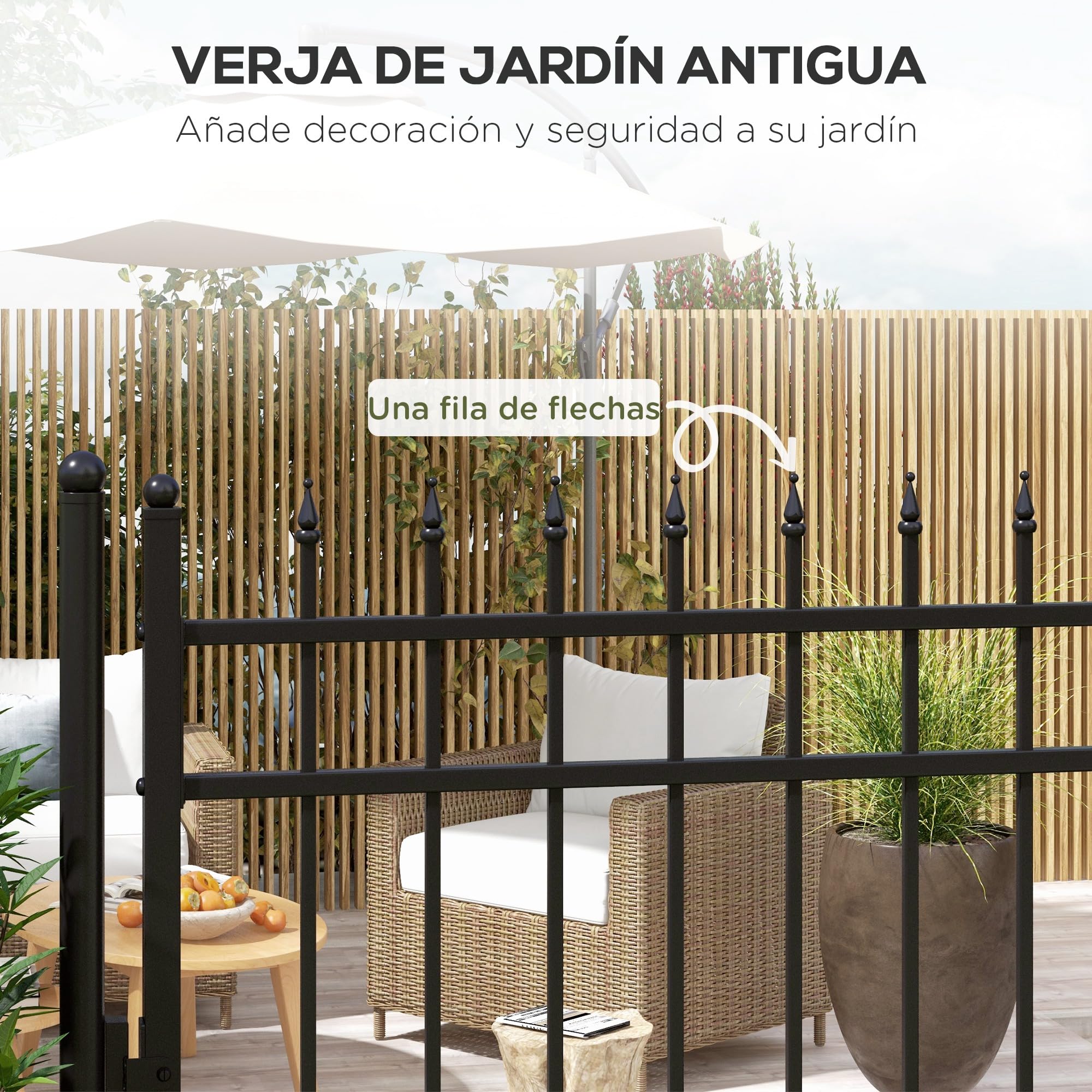 Outsunny Puerta de Jardín Puerta para Valla de Acero Galvanizado con Decoración de Flechas Cerradura y Llaves Puerta para Exterior Patio 107x204 cm Negro