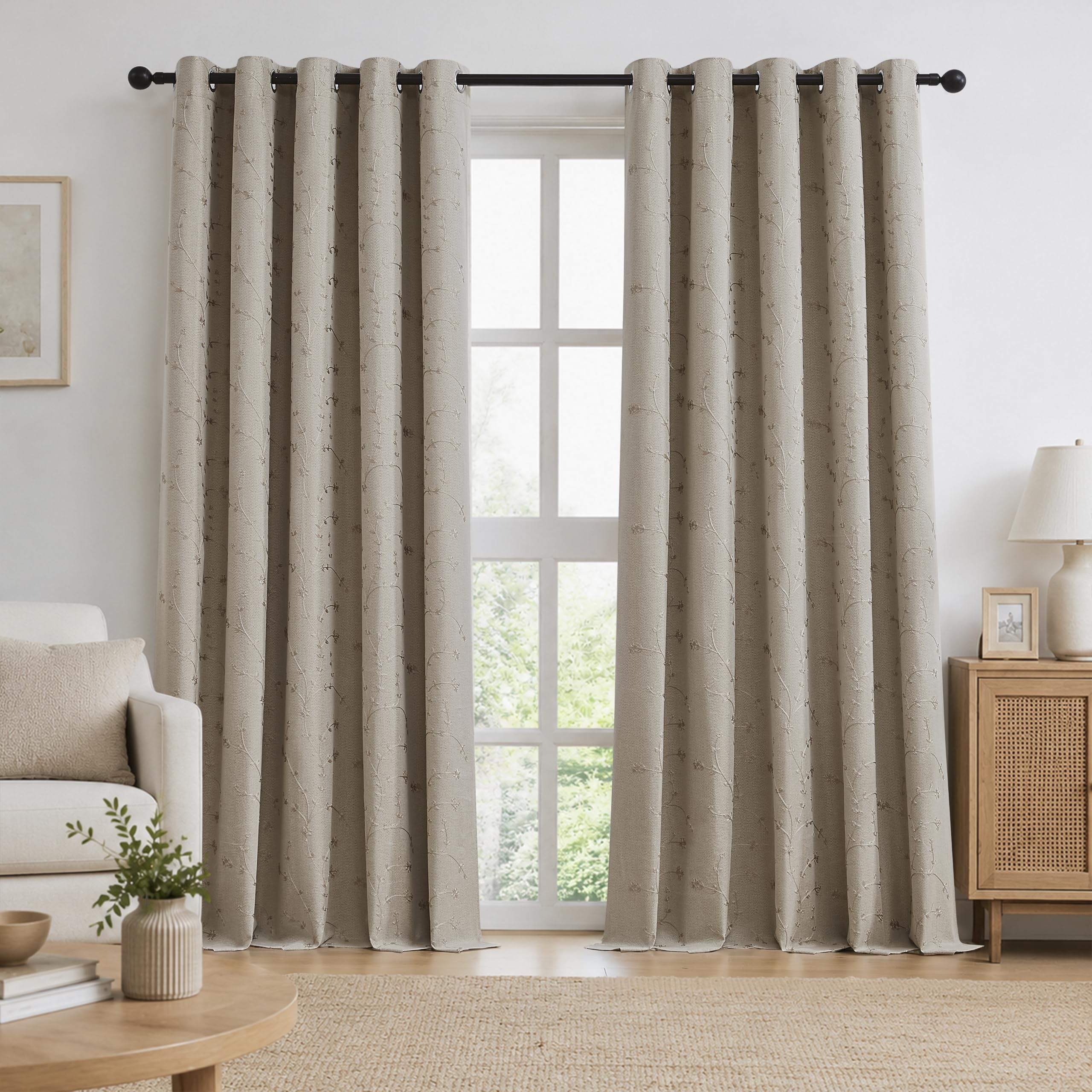 Bujasso Natural Embroidered Floral Blackout Curtain 66"x90"Grommet 2 Panels