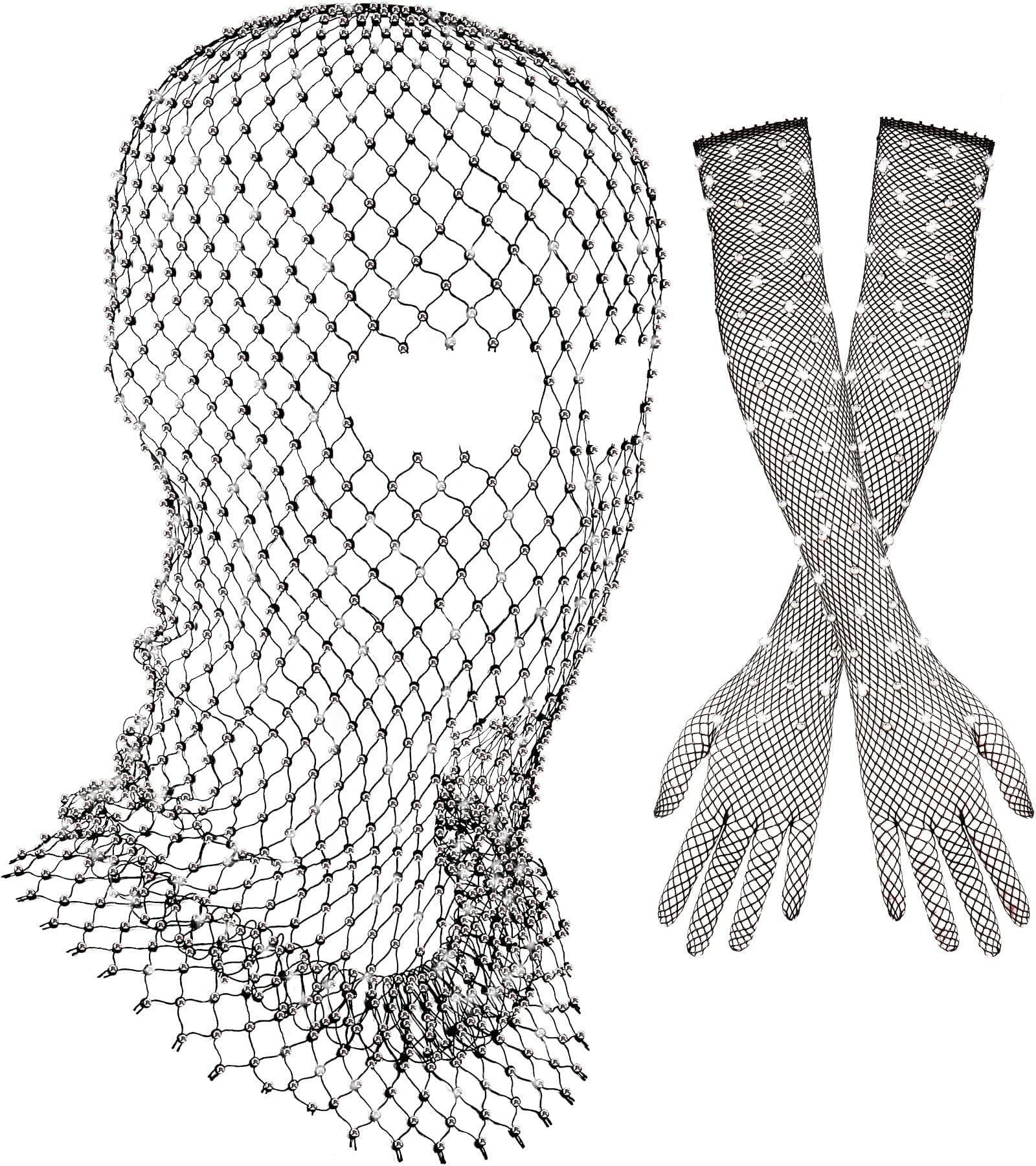2 Pack Halloween Crystal Mesh Body Chain with Fishnet Long Gloves Rhinestone Glitter Breathable Headwear for Women