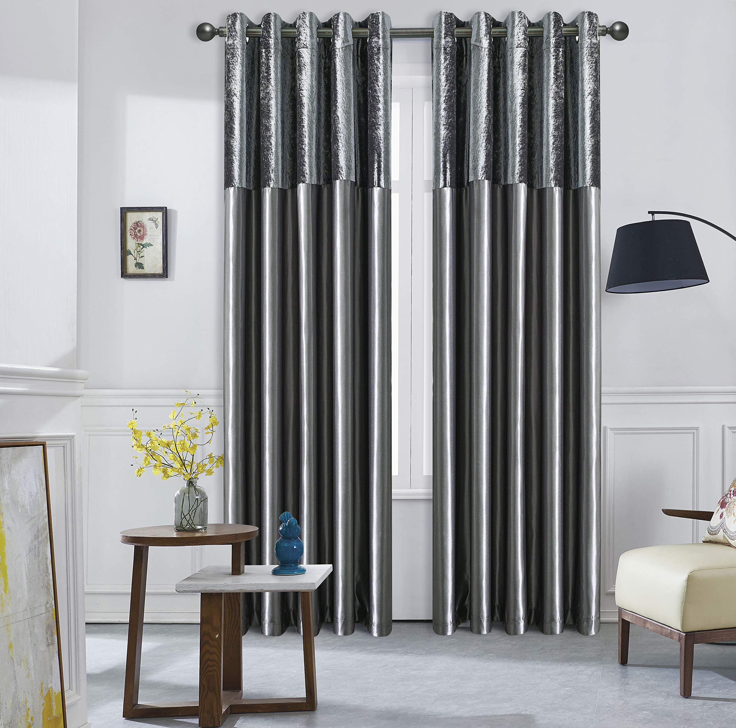 ROOEE Crushed Velvet Faux Silk Curtains - Eyelet Ring Top and Fully Lined (Charcoal Grey, 46" Wide x 54" Drop)