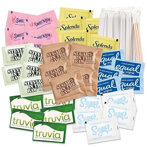 BLUE RIBBON, Paquetes surtidos de azúcar y edulcorantes más agitadores de café de madera, paquetes de azúcar para el hogar, oficina, café, bar,