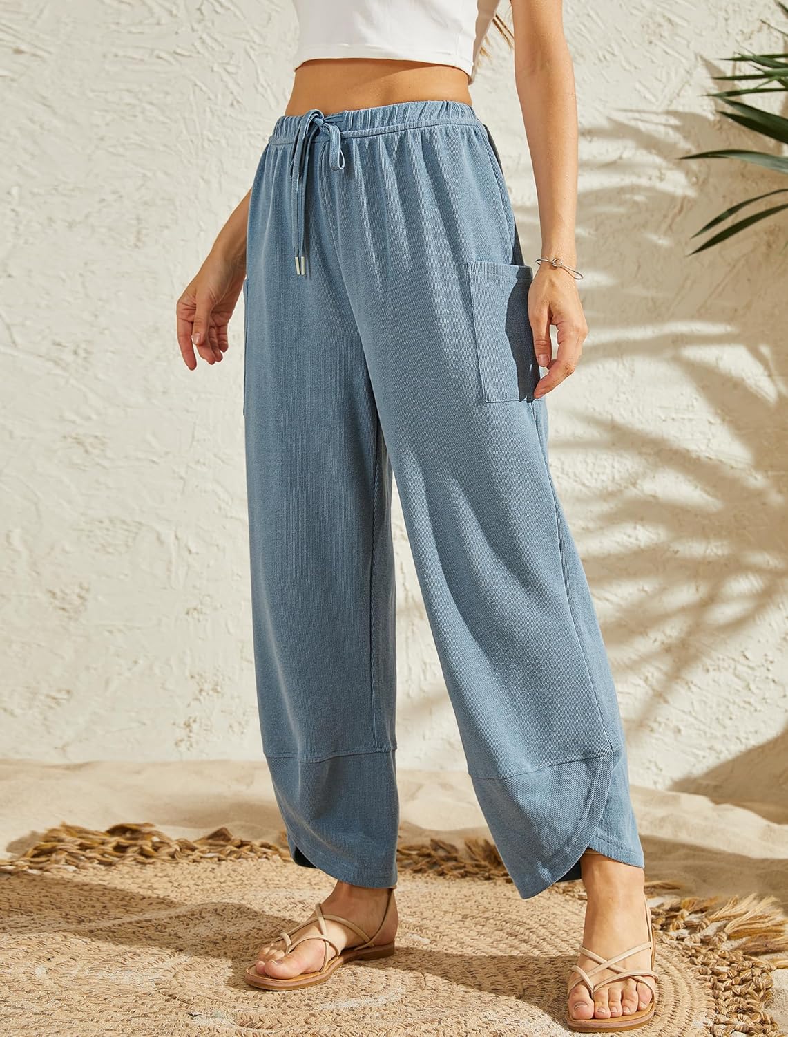 Bsubseach Wide Leg Pants Woman Elastic Waist Drawstring Palazzo Harem Pants Sweatpants with Pockets - Image 2