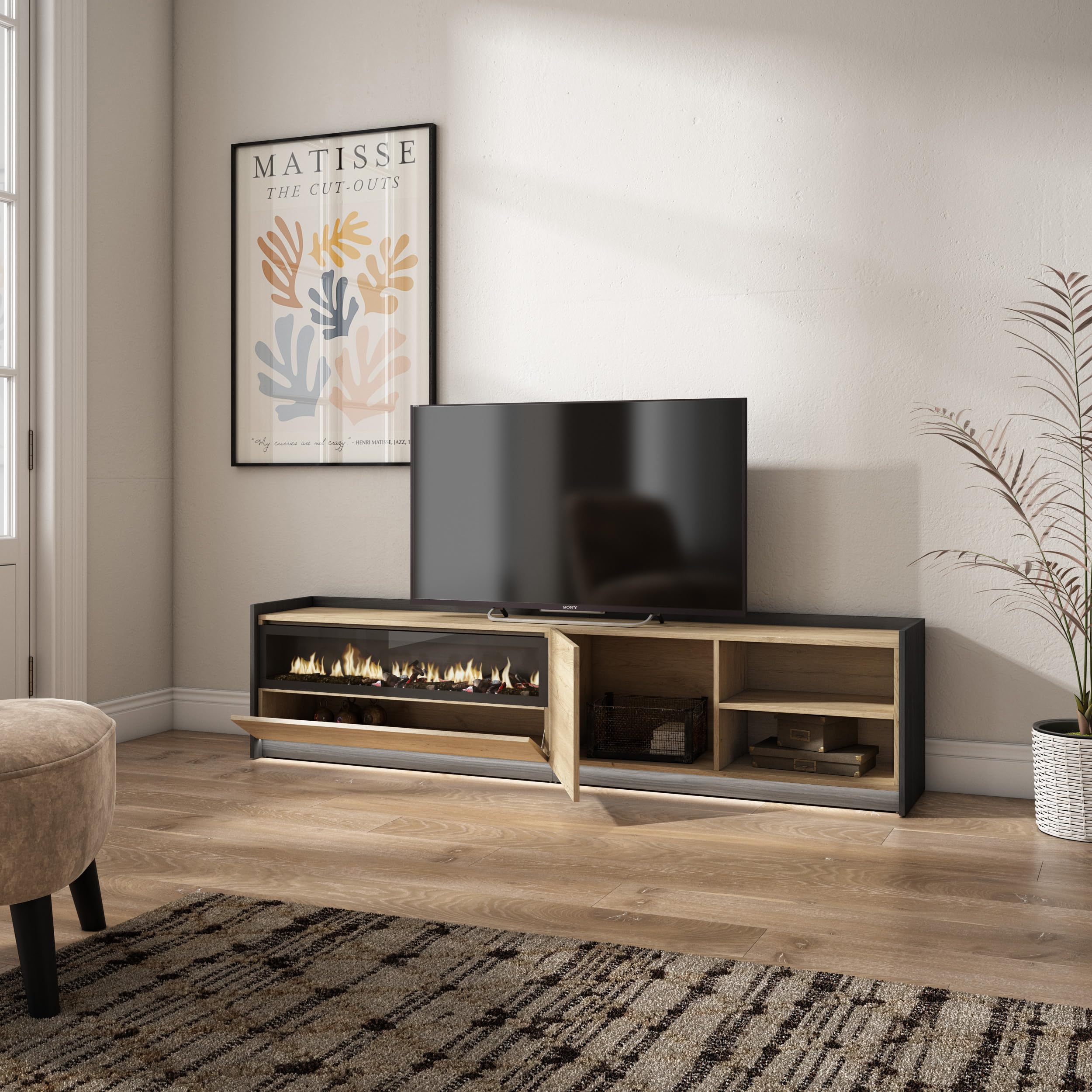 Skraut Home | Meuble TV | Banc Télé | Grand Espace de Rangement | 207x50x37 cm | pour écrans jusqu'à 80" | Cheminée électrique | LED | Style Moderne | Chêne et Noir
