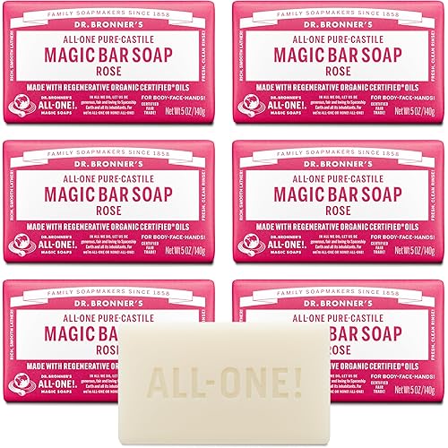 Dr. Bronner's Pure-Castile Magic Soap Bars (Rose, 5 oz, 6-Pack)- Made with Regenerative Organic Certified Oils- For Face, Body & Hair - Gentle, Vegan- Bar Soaps for Men & Women