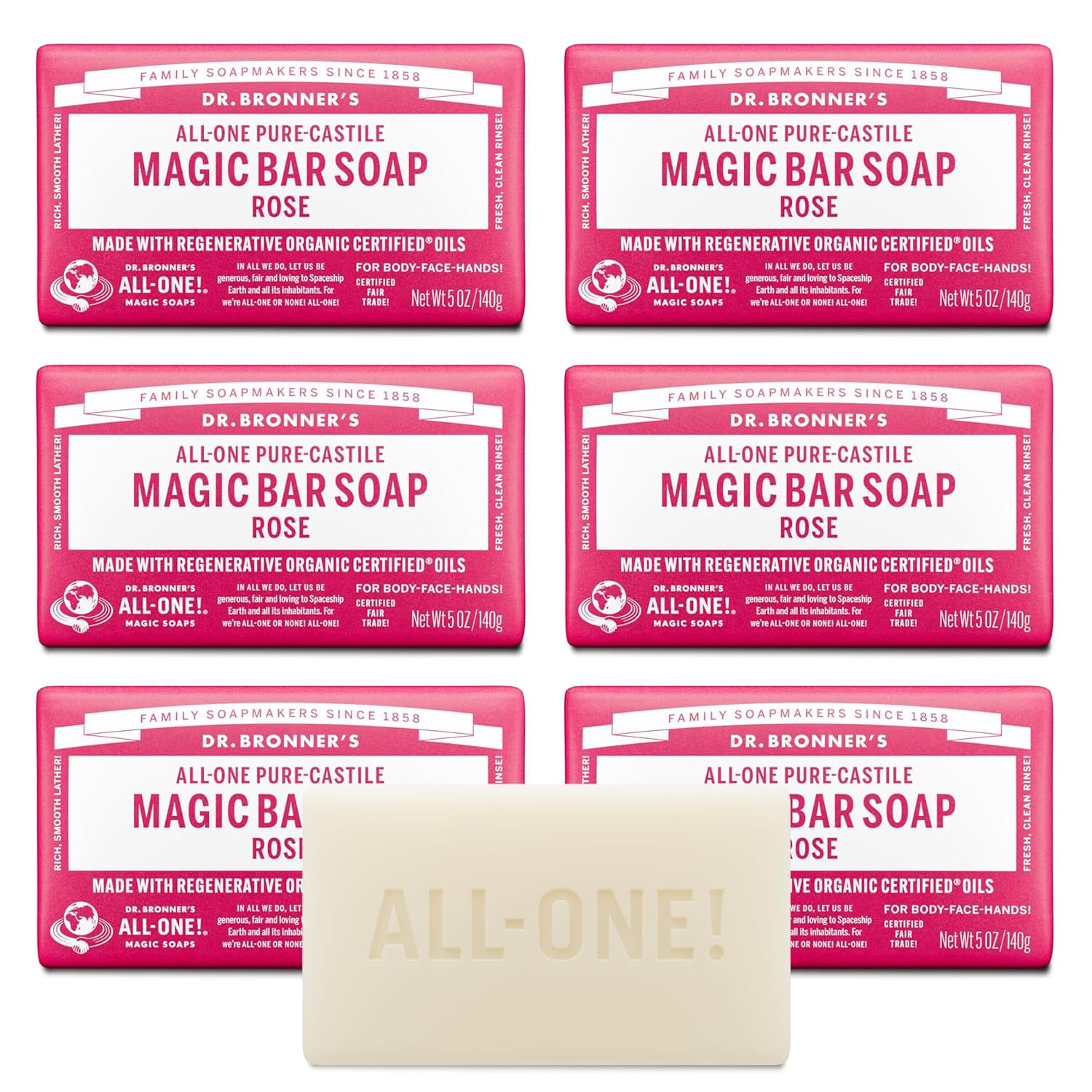 Dr. Bronner's Pure-Castile Magic Soap Bars (Rose, 5 oz, 6-Pack)- Made with Regenerative Organic Certified Oils- For Face, Body & Hair - Gentle, Vegan- Bar Soaps for Men & Women
