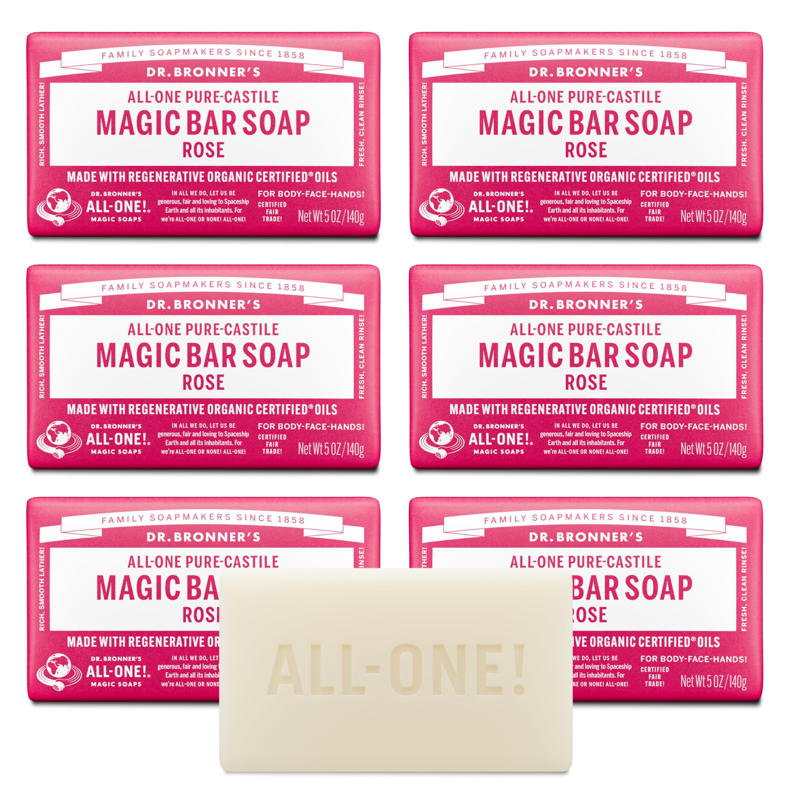 Pure-Castile Magic Soap Bars (Rose, 5 oz, 6-Pack)- Made with Regenerative Organic Certified Oils- For Face, Body & Hair - Gentle, Vegan- Bar Soaps for Men & Women