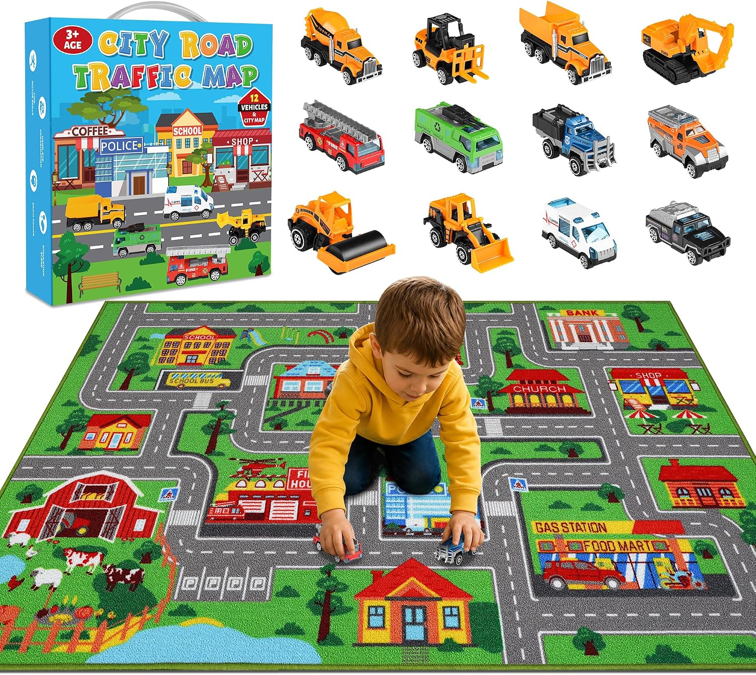 Kids Car Rug Play Mat with 12 Toy Cars, Kids Rugs for Playroom Bedroom, Town City Road Track Carpet with Small Vehicle Set, Birthday Xmas Gifts for Boys and Girls (Green 2, 59X39.4 INCH)