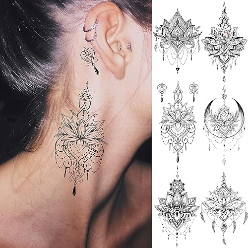 Miniatura 5 de EGMBGM 15 hojas de tatuajes temporales de loto negro sexy de henna Mehndi para mujer joyería falsa de encaje luna polilla flores tatuajes temporales