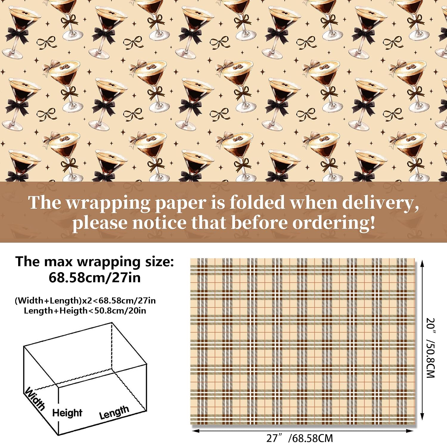 Martini Cocktail Cups Wrapping Paper Set - 12 Sheets Martini Coffee Glasses Gift Wrapping Paper 6 Design Martinis Espresso Bow Grids Pattern for Bachelorette Party Wedding Bridal Shower 20'' x 27'' image 3