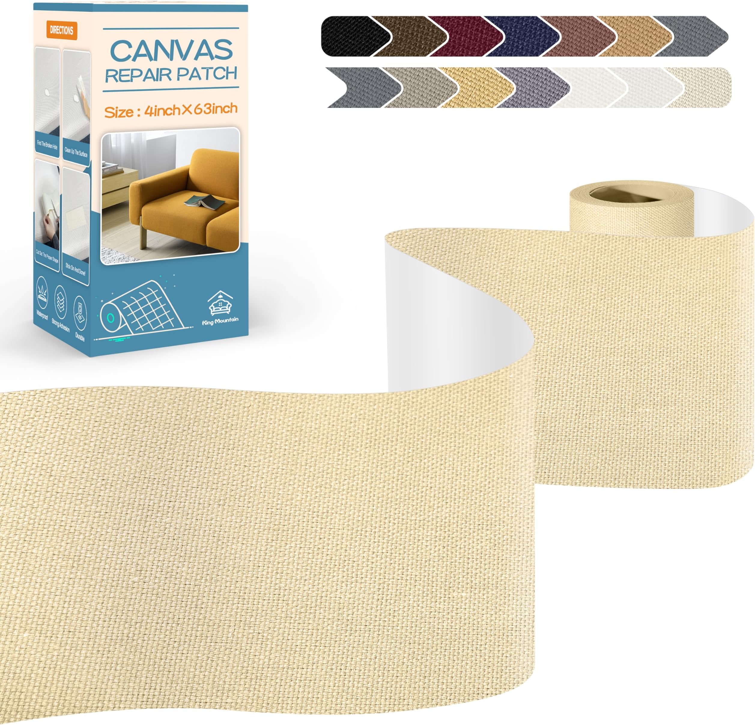 KING MOUNTAIN Canvas Repair Tape,Outdoor Gear Patch, 4×63 Inches,Waterproof,Self-Adhesive for Repairing Boat Covers,Sun Shades,Sofas,Tents,Lounge Chairs,Awnings (Beige)