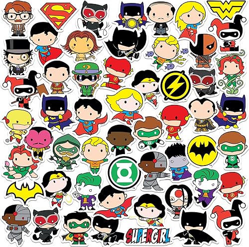 Paquete de 50 calcomanías de superhéroes de la Liga de la Justicia Chibi de 50 unidades, paquete variado de calcomanías grandes de lujo, para