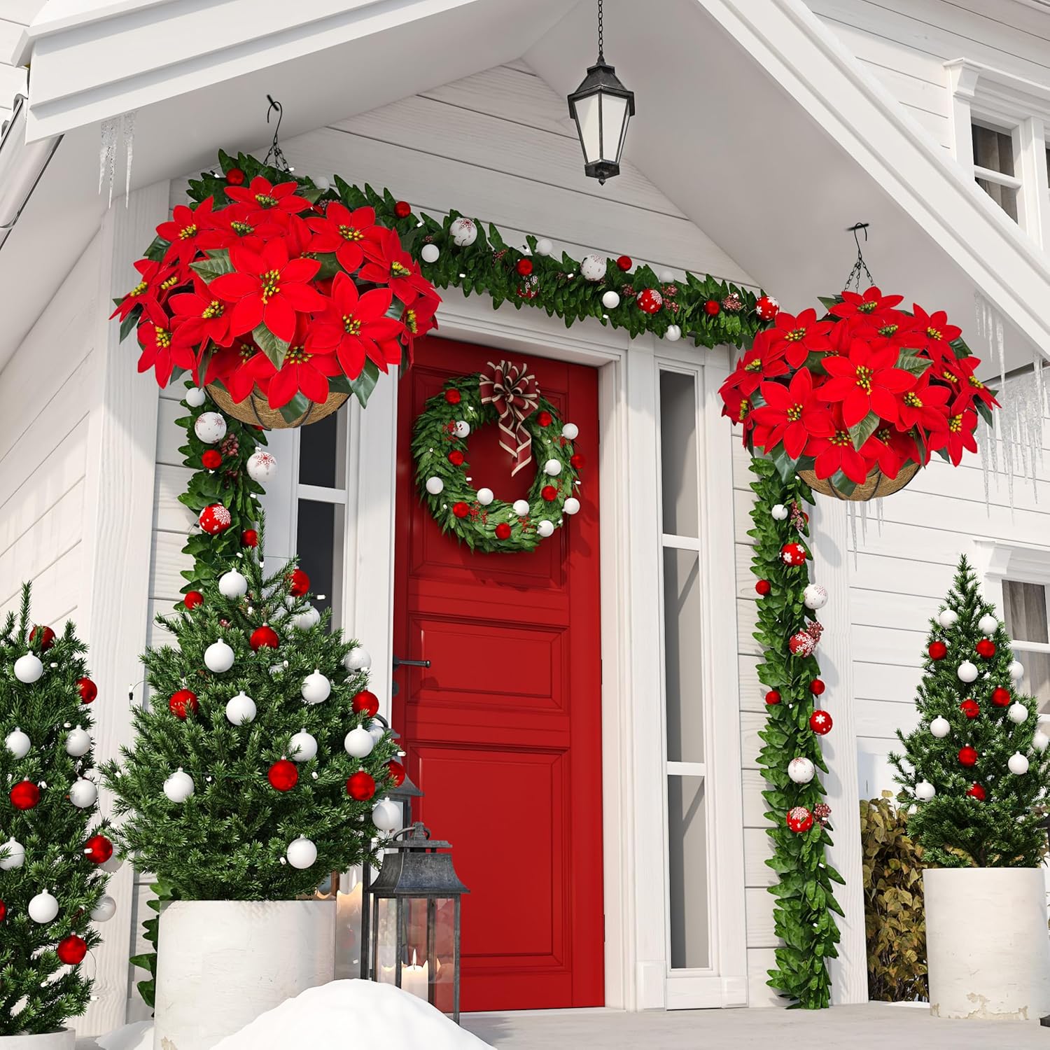 2 Set Artificial Poinsettia Christmas Hanging Basket, Fake Silk Red Poinsettia Flowers, 2 Hanging Planter with 14 Pcs Flowers, for Outdoor Indoor Front Porch, Garden, Patio, Home Xmas Decor