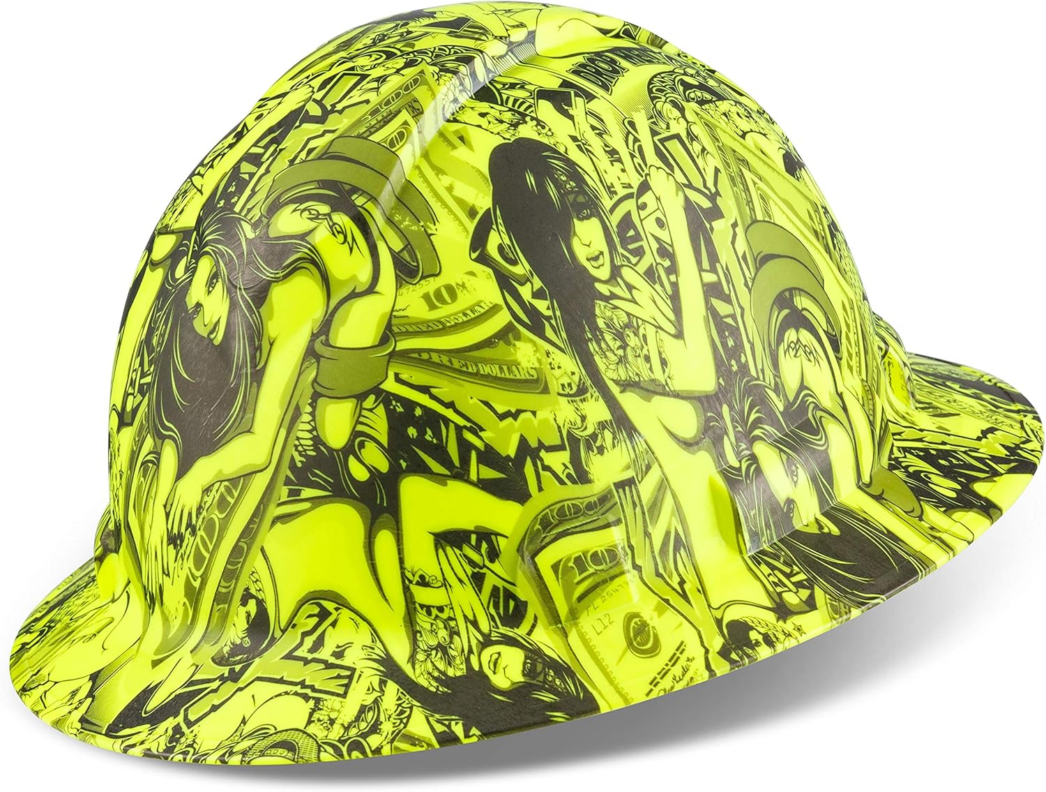Flash Deals - 50% OFF Full Brim Customized Ridgeline Hi Vis Lime Hard Hat, Custom Money And Honeys Design Safety Helmet, With 6 Point Suspension & Chin Strap, By Acerpal