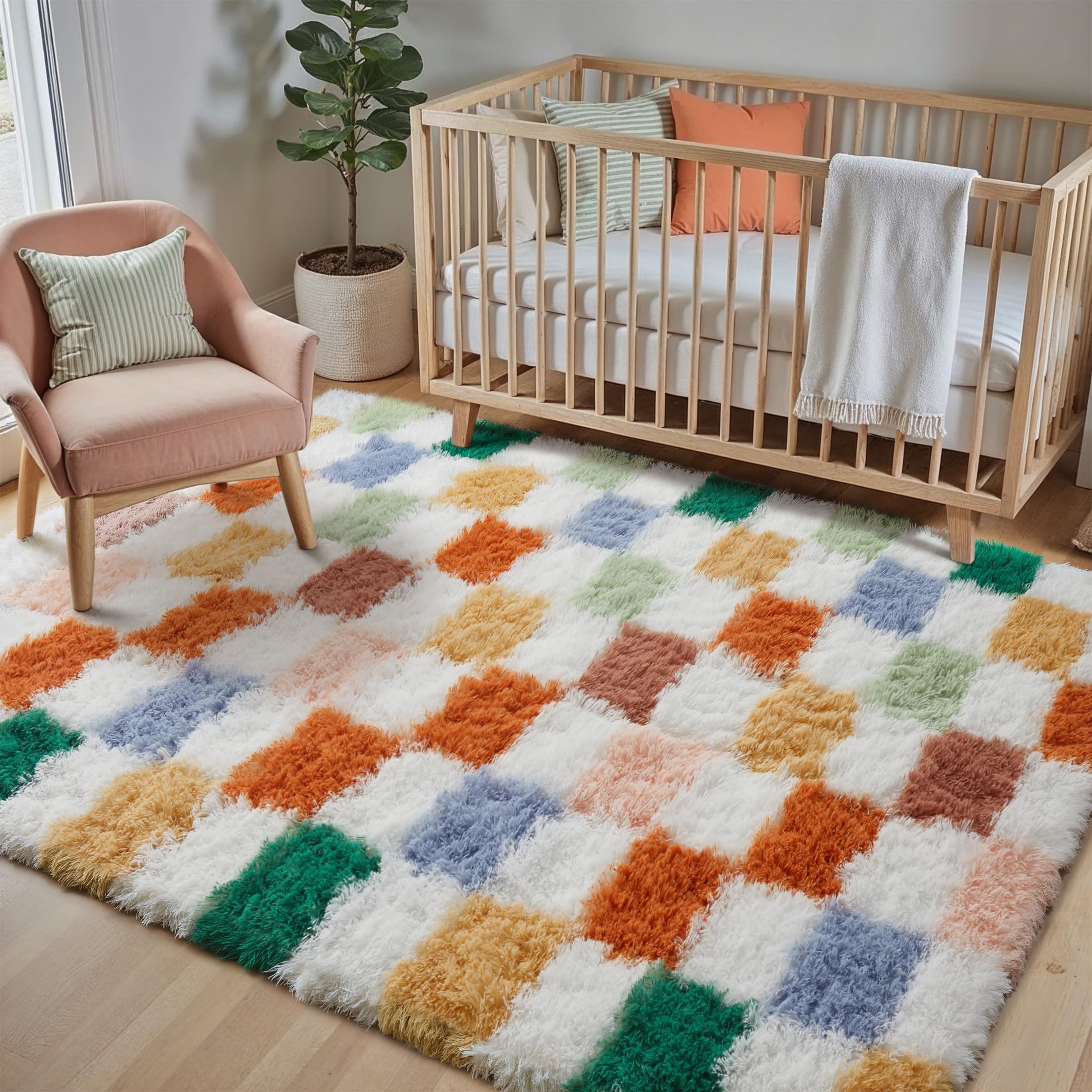 HUGEAR Kariert Flauschig Teppich Wohnzimmer 120x180 Teppiche Multicolore Weiß Shaggy rutschfest Kinderzimmer Mädchen Junge Carpet Schlafzimmer Hochflor Weich Groß Carpets