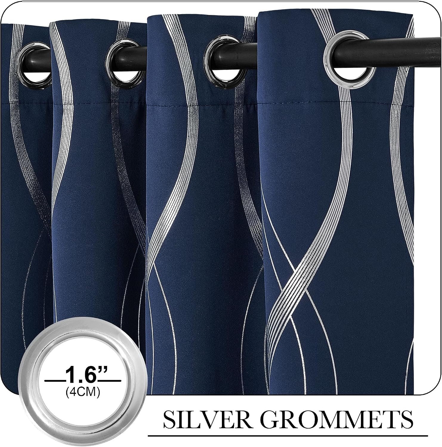 NICETOWN Navy Blue Blackout Curtain Panels 84 inches Long, Window Treatment Foil Printed Wave Lines Thermal Insulated Grommet Drapes for Living Room/Office/Guest Room(1 Pair, 52" Wide)