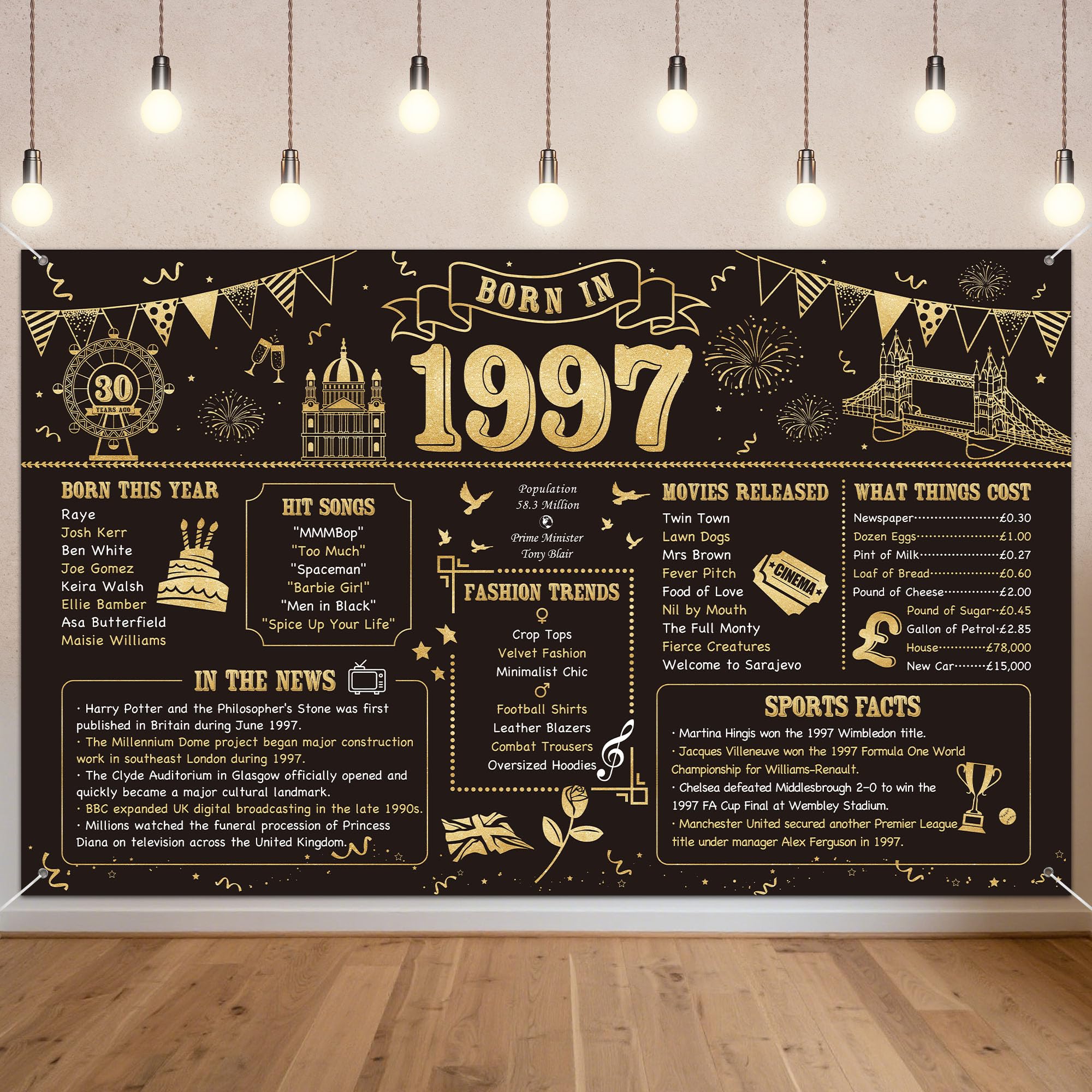 Benjia 30th Birthday Banner Decorations for Men Women, Born in 1997 UK Background Happy 30 Years Old Birthday Backdrop, Cheers to 30 Years Banners Black Gold Poster Bday Gift Home Decor Party Supplies
