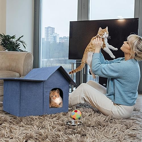 Miniatura 3 de Casa climatizada para gatos y gatitos exteriores, 19 x 22 x 17 pulgadas, casa para gatos climatizada al aire libre con almohadilla en invierno (azul