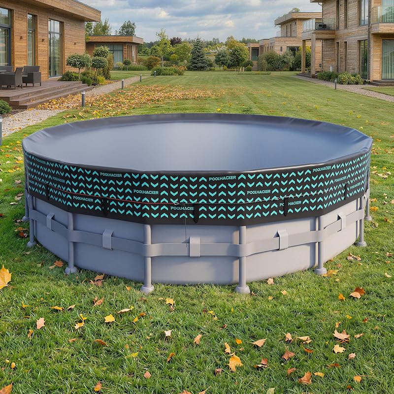 POOLHACKER 15 FT Round Pool Cover 420D Swimming Pool Cover for Above Ground Pools, Solar Pool Cover with Steel Cable & Pulley Tightening, Windproof and UV Resistant