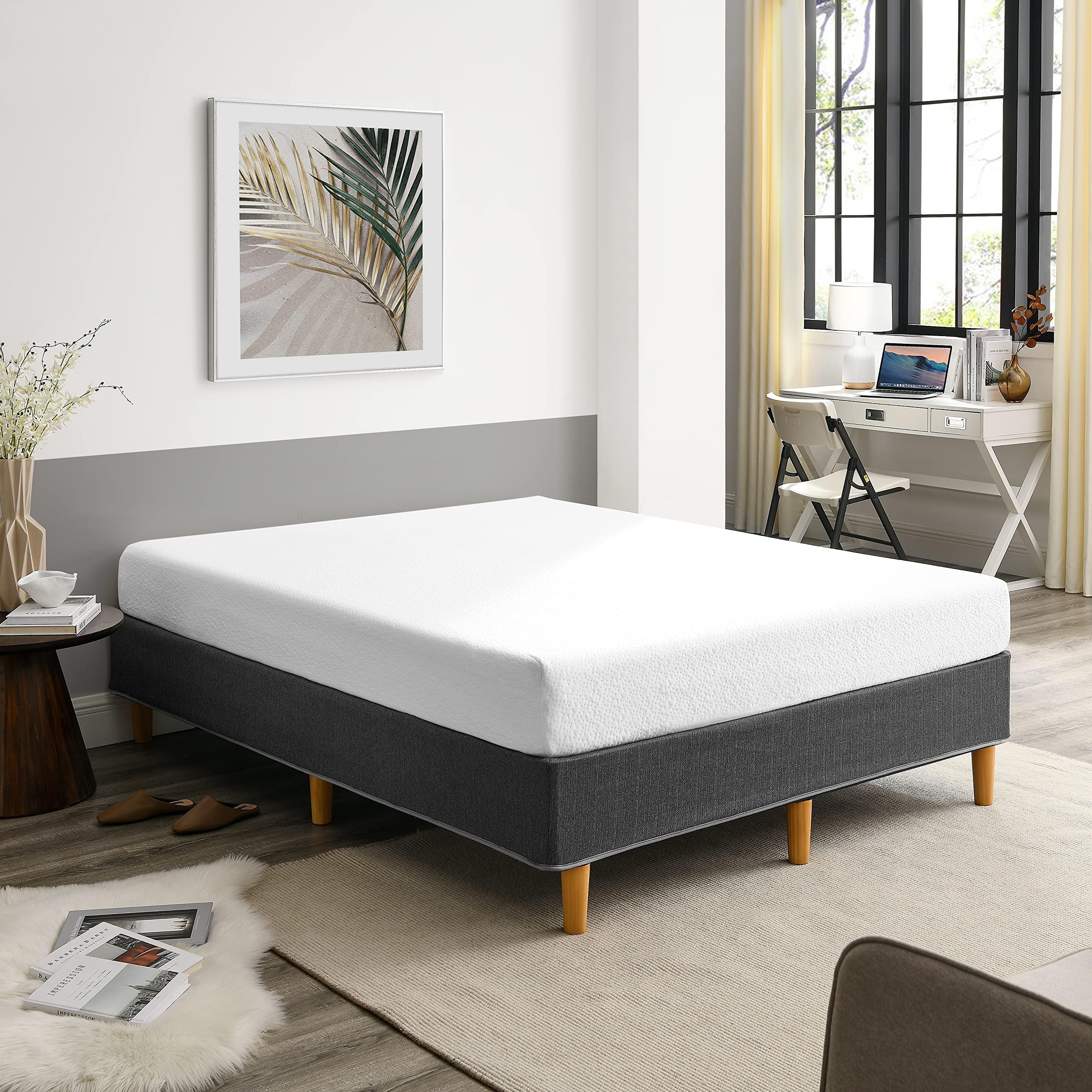 Amazon Basics Premium Foldable Mattress Foundation/Box Spring with Steel Slats and Wood Legs, Tools-free Assembly, Queen