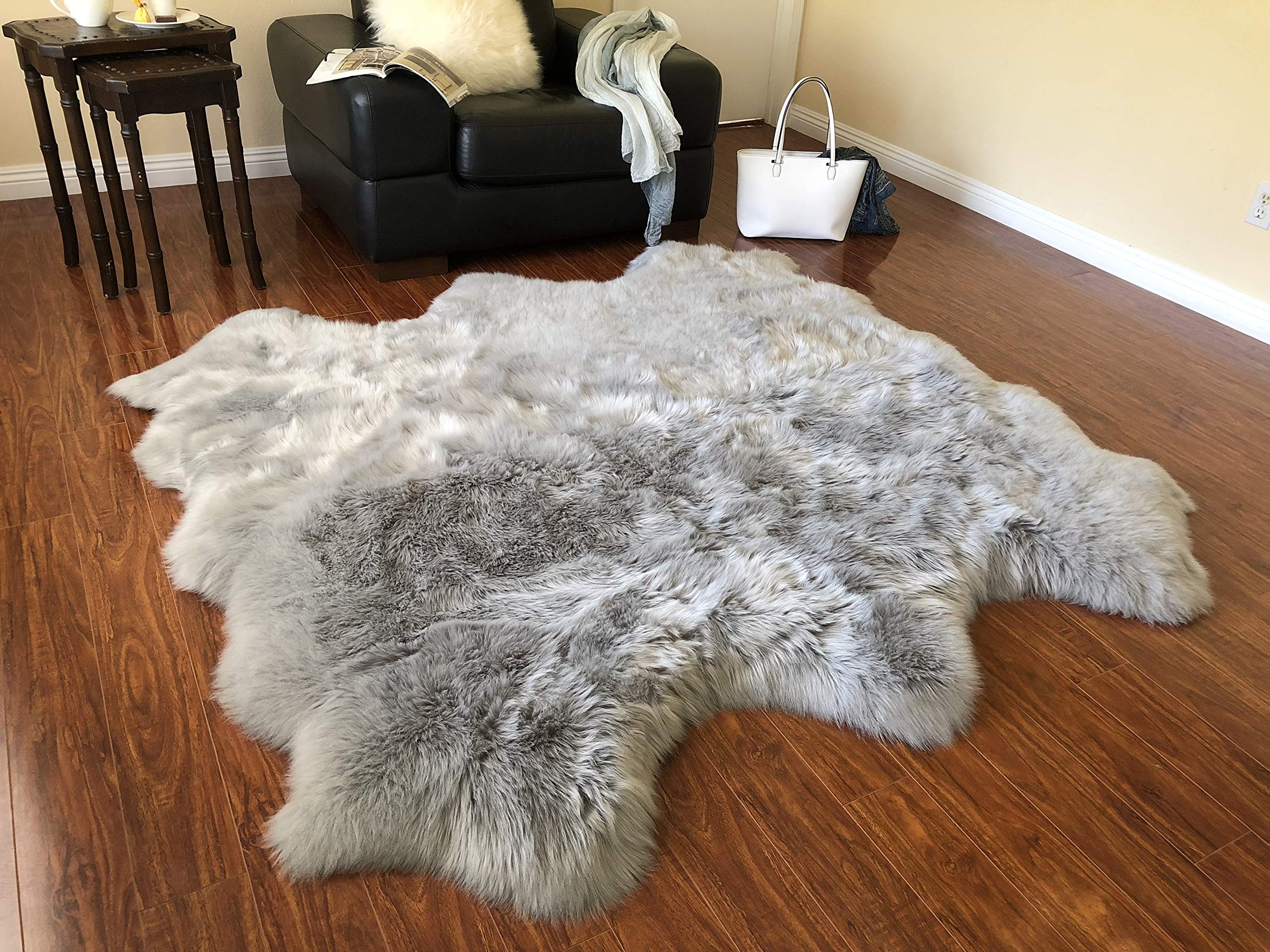 LAMBZY Sheepskin Style Rug, Ultra Soft 6 Pelts, Grey, 6’x6' | Vegan Fur, Free Shape, Luxury Fluffy, Indoor Carpet for Living room, Den, Bedroom