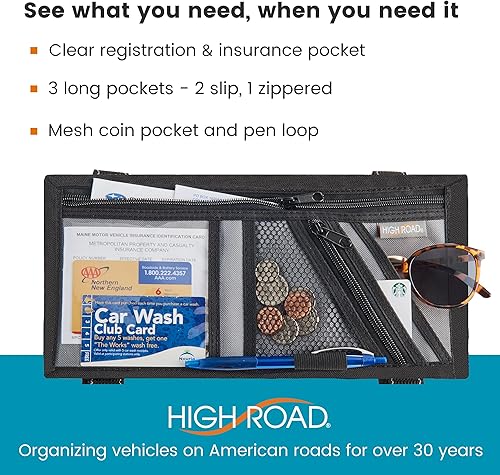 Miniatura 2 de High Road Organizador de visera de automóvil con bolsillos con cremallera seguros, soporte para lentes de sol y bolsillo transparente para registro